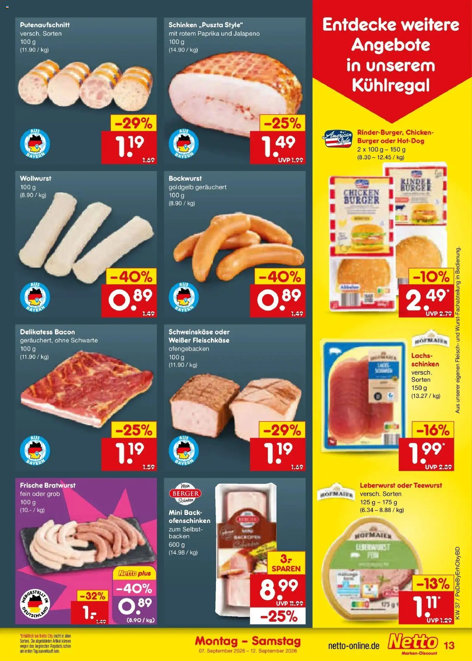 Netto Marken-Discount Prospekt Ergolding – gültig ab 07.09.2026 | Seite: 19 | Produkte: Bockwurst, Burger, Schinken, Fleisch