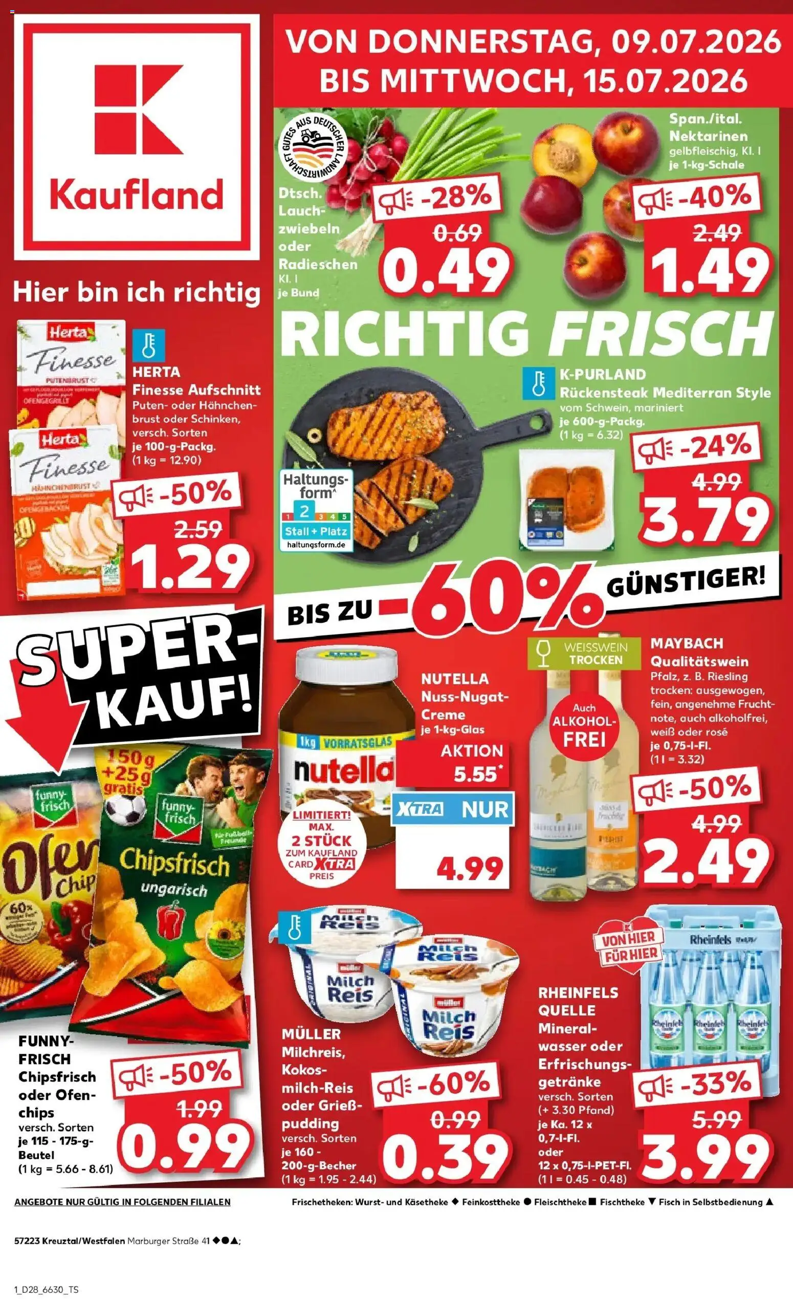 Kaufland Prospekt Kreuztal – gültig ab 09.07.2026 | Seite: 1 | Produkte: Hahnchen, Weißwein, Creme, Wurst