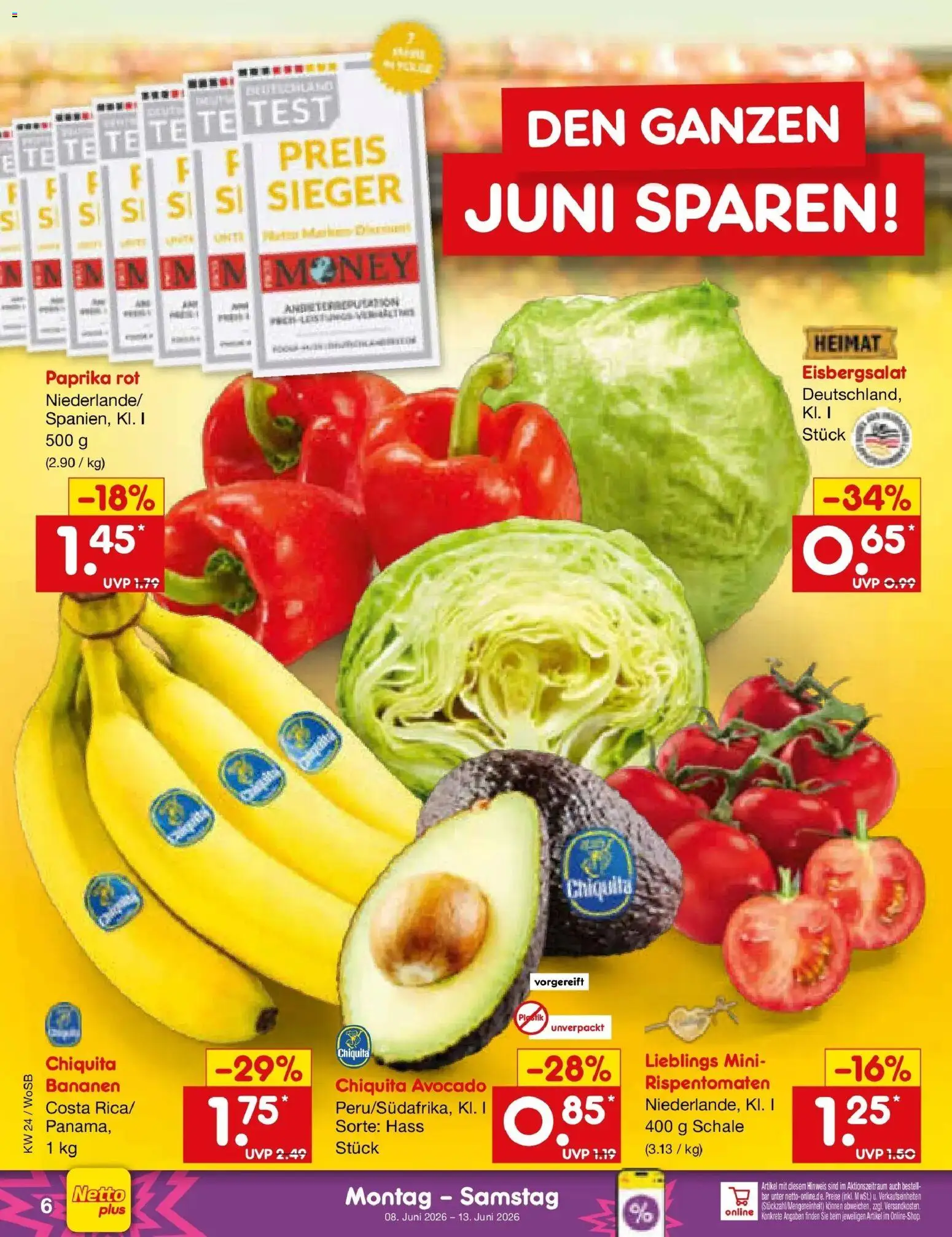 Netto Marken-Discount Prospekt Mannheim – gültig ab 08.06.2026 | Seite: 10 | Produkte: Bananen, Eisbergsalat, Avocado, Paprika