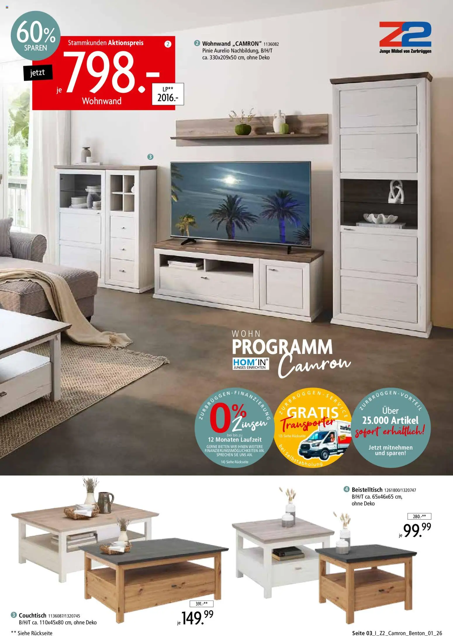 Zurbrüggen Wohnprogramm Camron oder Benton – gültig ab 08.08.2026 | Seite: 3 | Produkte: Wohnwand, Beistelltisch, Couchtisch