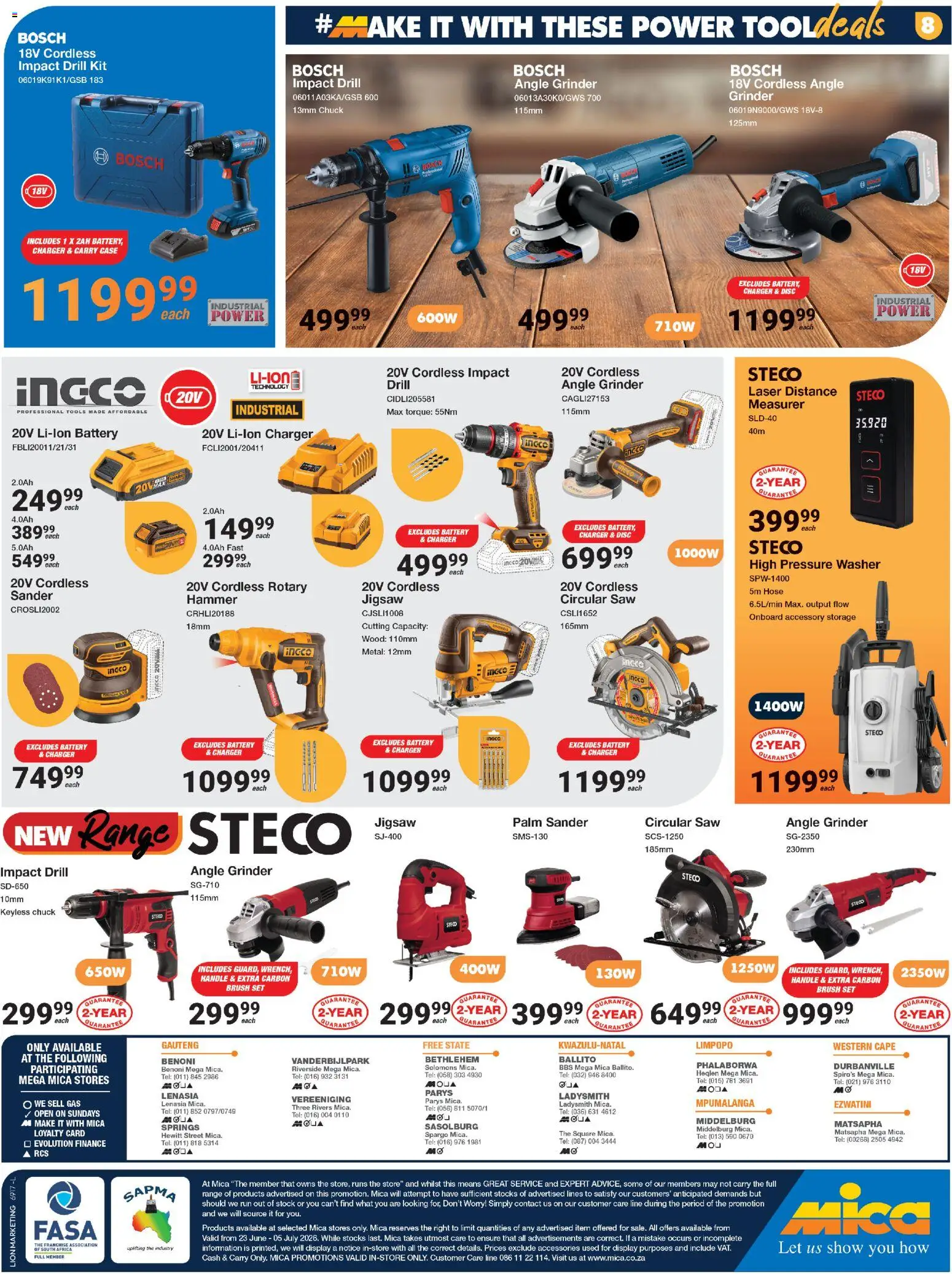 New MICA catalogue – valid from 23/06/2026 | Page: 8 | Products: Battery, Charger, Jigsaw, Angle grinder