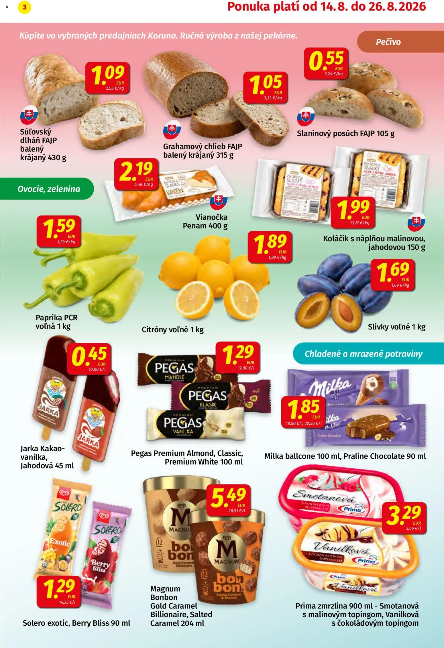 Nové Koruna akcie – leták je platný od 14.08.2026 | Strana: 3 | Produkty: Chlieb, Pečivo, Vanilka, Kakao