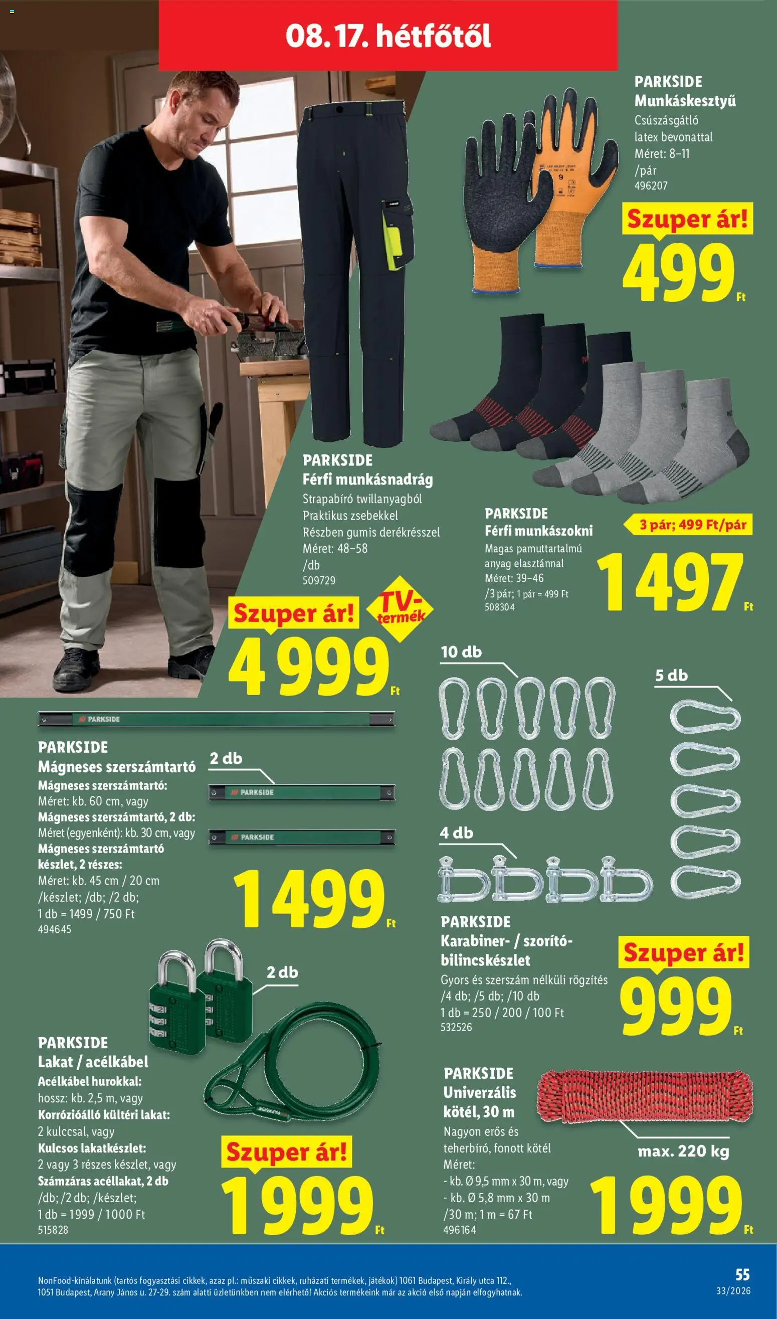 Lidl akciós ujság - amely érvényes a következő dátumtól: 2026.08.13. | Oldal: 55 | Termékek: Kötél, Munkásnadrág, Szerszámtartó, Játékok