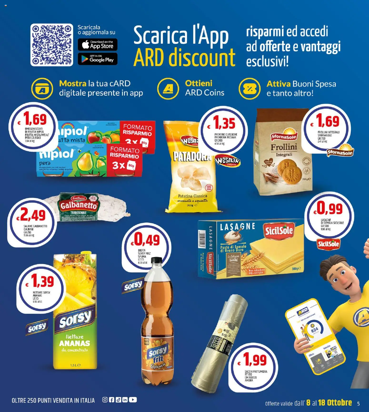 Volantino ARD Discount del 08/10/2026 | Pagina: 5 | Prodotti: Patatine, Bibita, Pattumiera, Semola