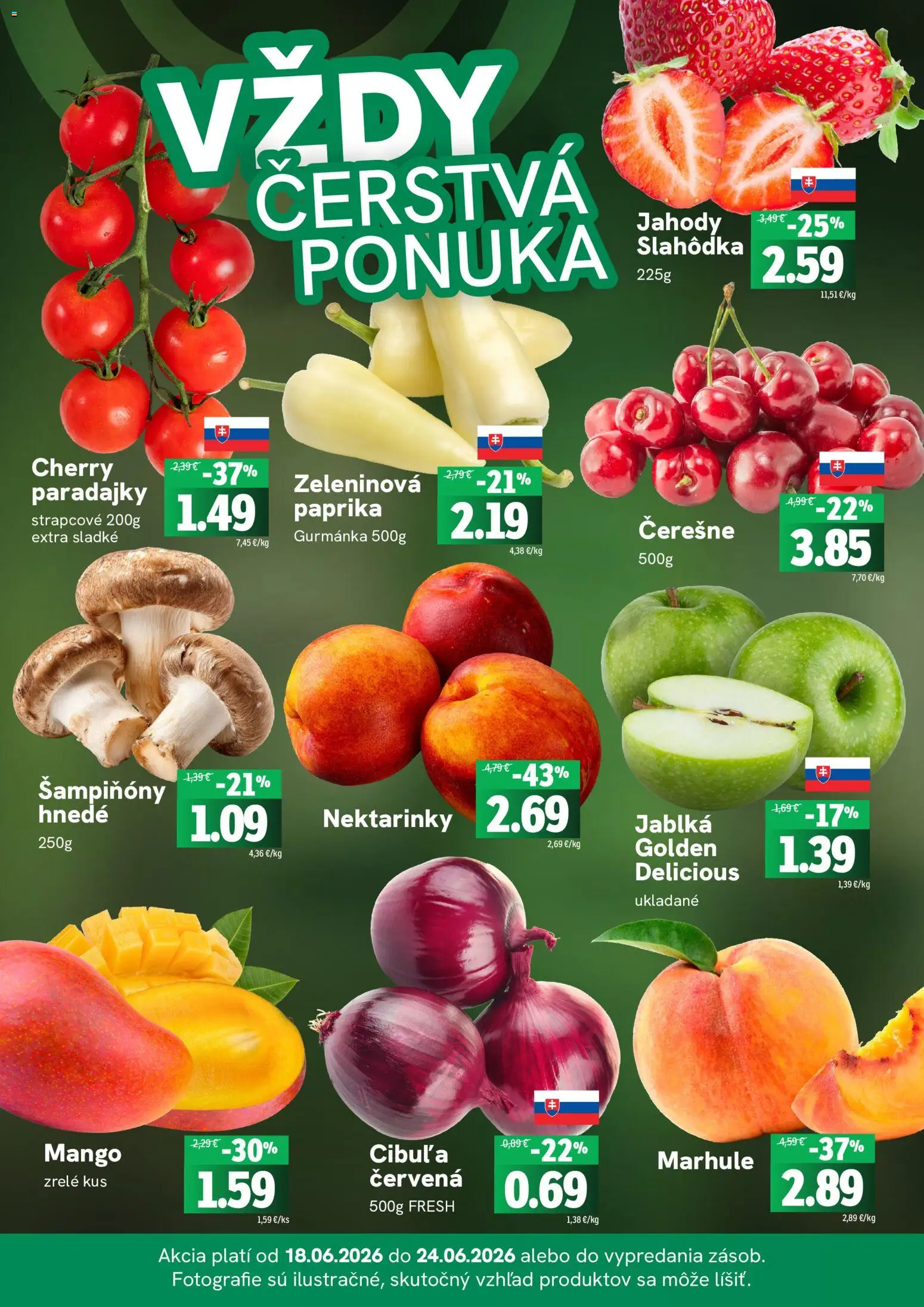 Nové Fresh akcie – leták je platný od 18.06.2026 | Strana: 3 | Produkty: Jablká, Paradajky, Jahody, Čerešne