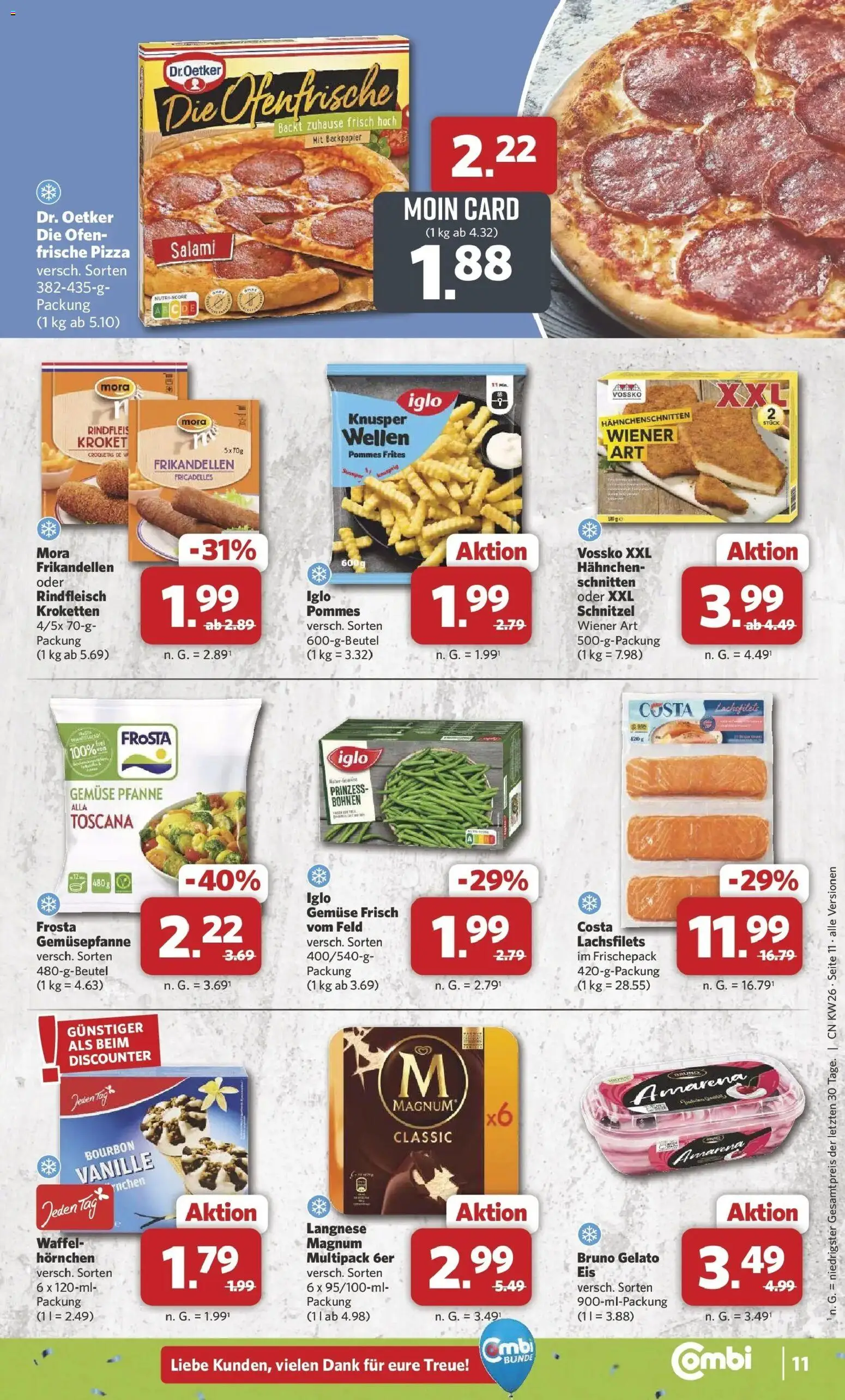 Combi Prospekt Steinhagen – gültig ab 22.06.2026 | Seite: 11 | Produkte: Langnese, Schnitzel, Gemüse, Pizza