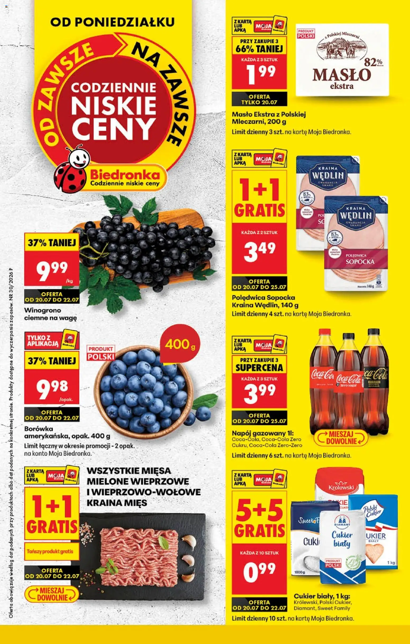 Biedronka Polsko leták od 20.07.2026 | Strana: 1 | Produkty: Máslo, Coca cola, Cukr, Cola