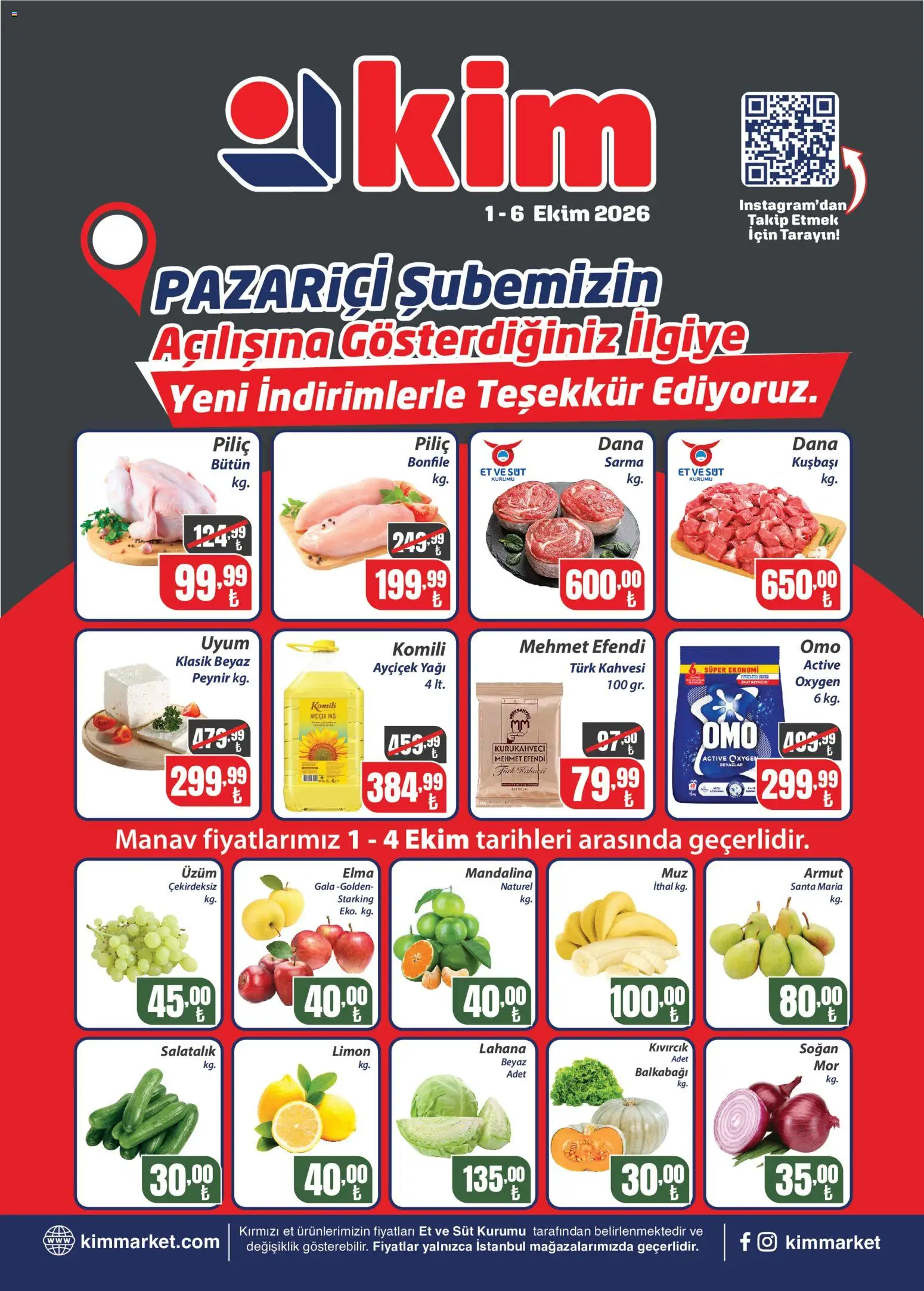 Kim Market - Pazariçi Açılış - 01 Ekim 2026 tarihinden itibaren geçerlidir | Sayfa: 1 | Ürünler: Et, Piliç, Balkabağı, Armut