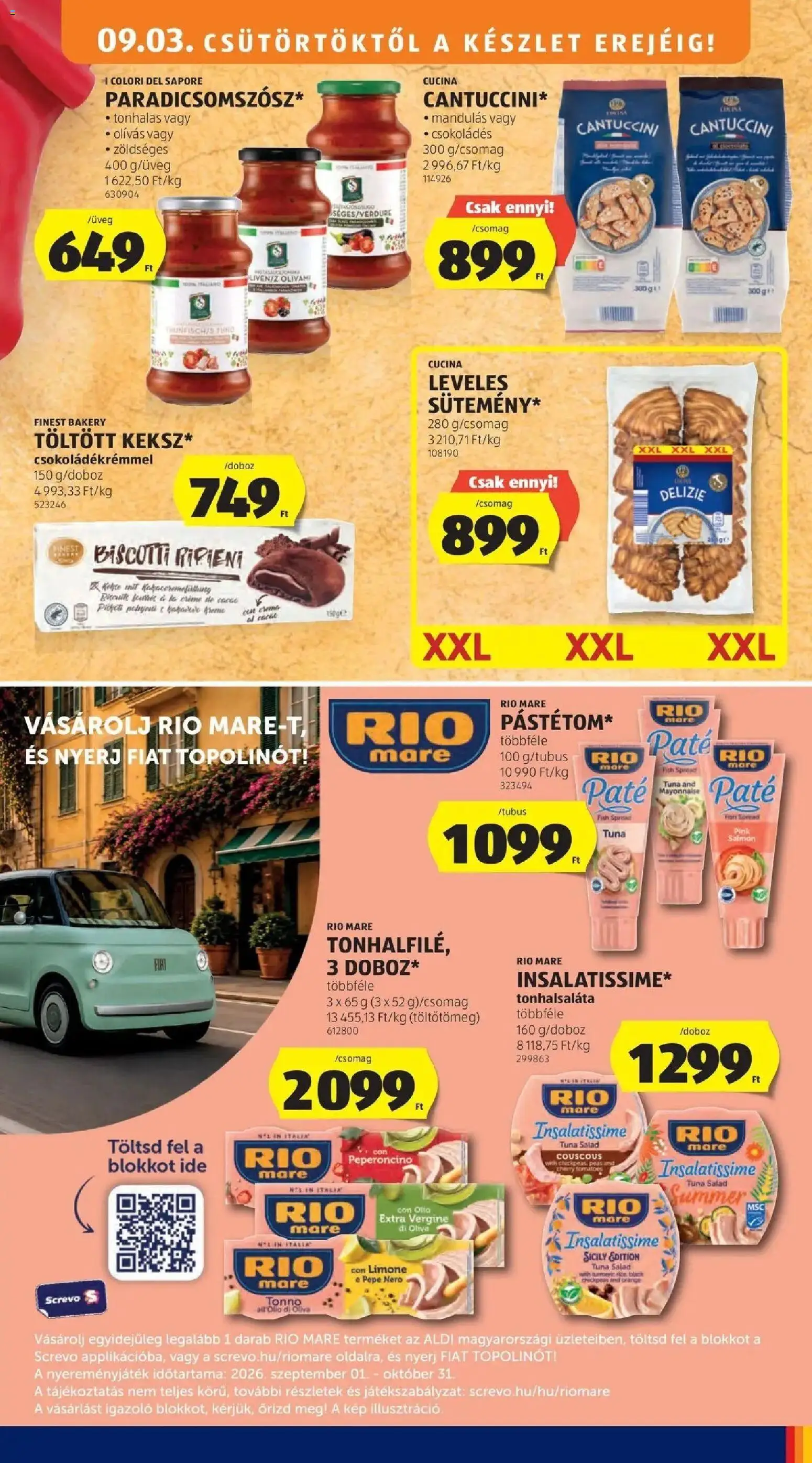 Aldi aktuális akciós újság - 2026.08.29. -tól/töl > akció, lapozható szórólap 🛍️ | Oldal: 15 | Termékek: Tonhalsaláta, Rio Mare, Cantuccini