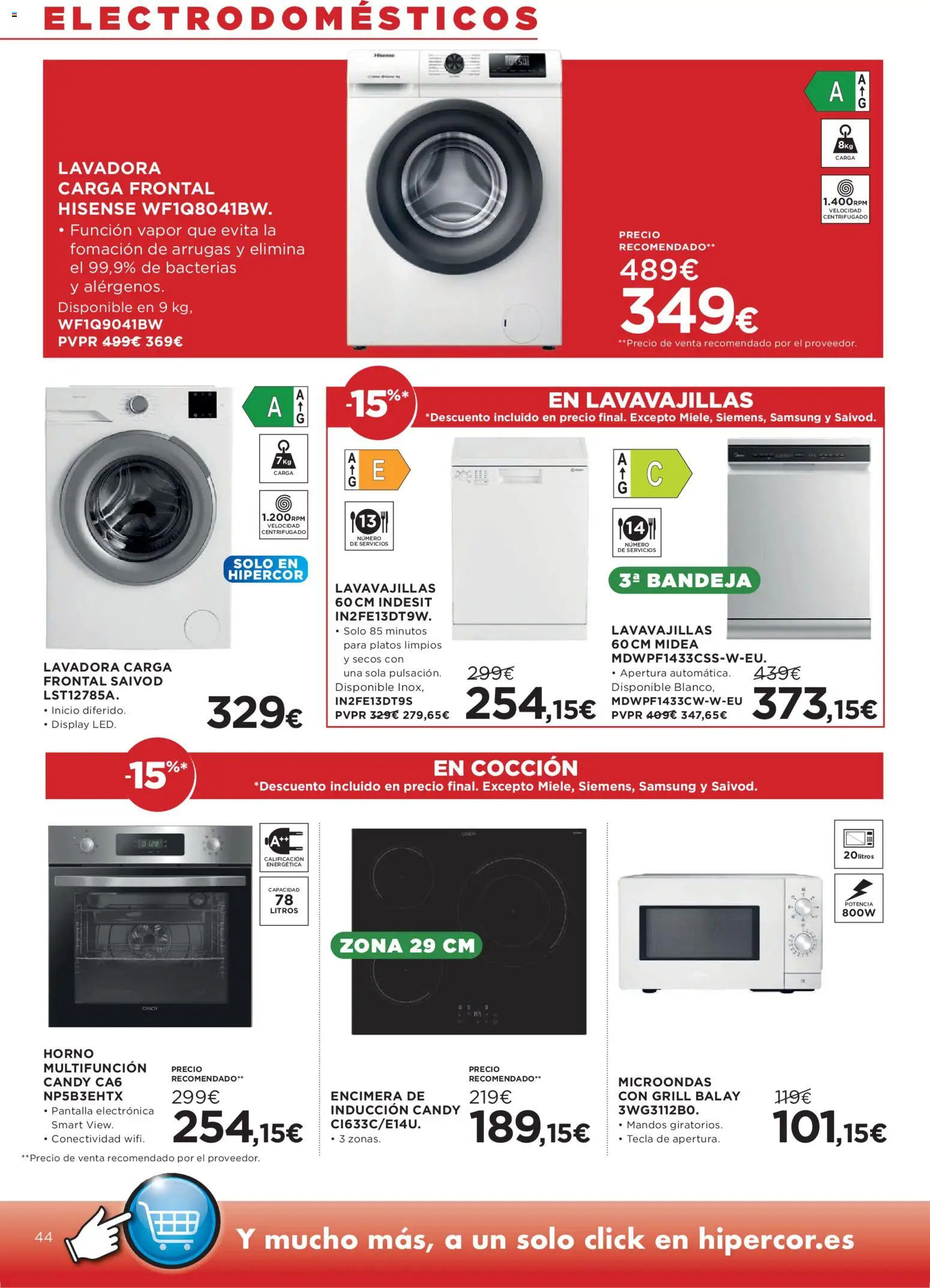 Hipercor catálogo │ válido desde el 16/07/2026 | Página: 44 | Productos: Lavadora, Horno, Lavavajillas, Bandeja