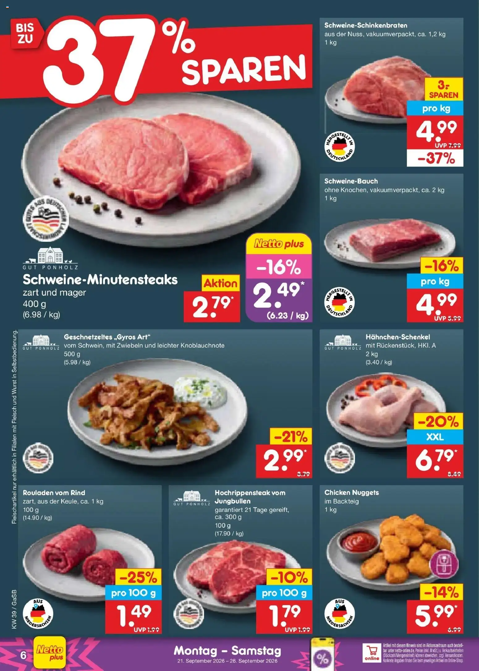 Netto Marken-Discount Prospekt Oldenburg – gültig ab 21.09.2026 | Seite: 10 | Produkte: Hahnchenschenkel, Schweinebauch, Zwiebeln, Fleisch