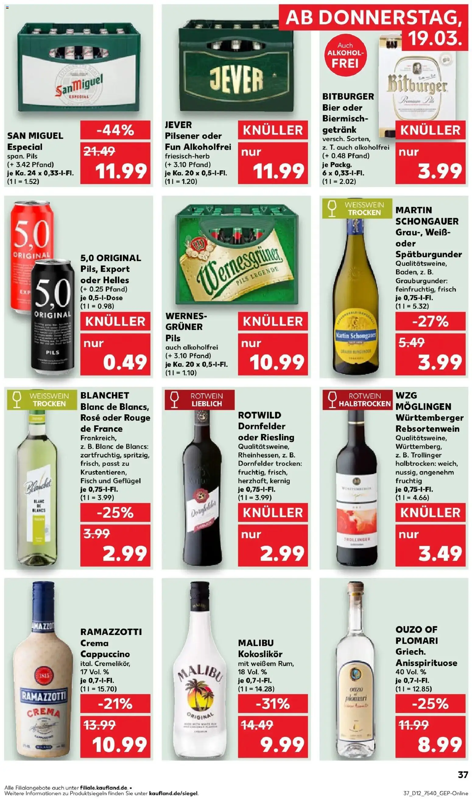 Kaufland Prospekt Annaberg-Buchholz	 – gültig ab 19.03.2026 | Seite: 37 | Produkte: Bier, Weißwein, Rotwein trocken, Weißwein trocken