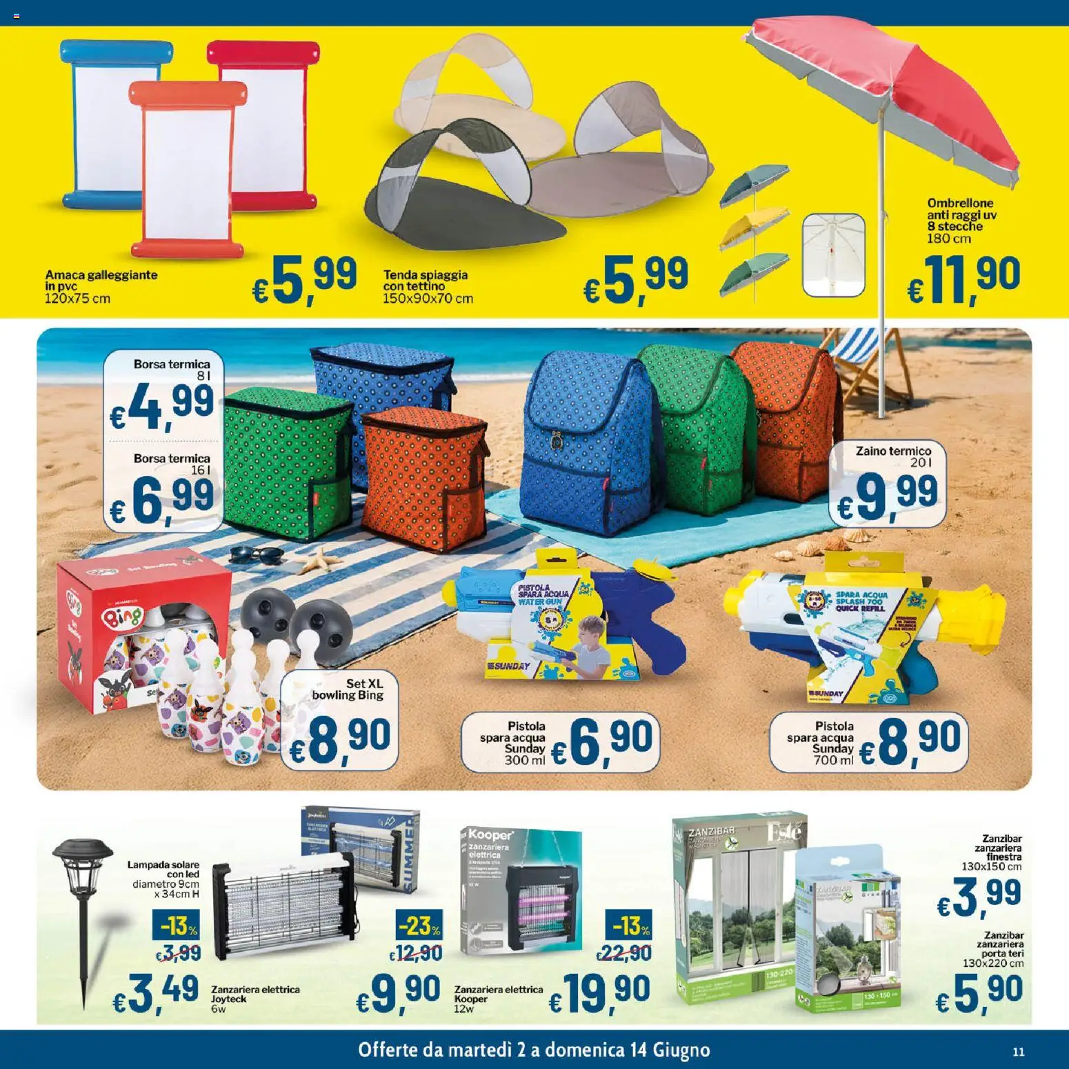 Volantino Qui Discount del 02.06.2026 | Pagina: 11 | Prodotti: Zanzariera elettrica, Amaca, Zaino, Lampada solare