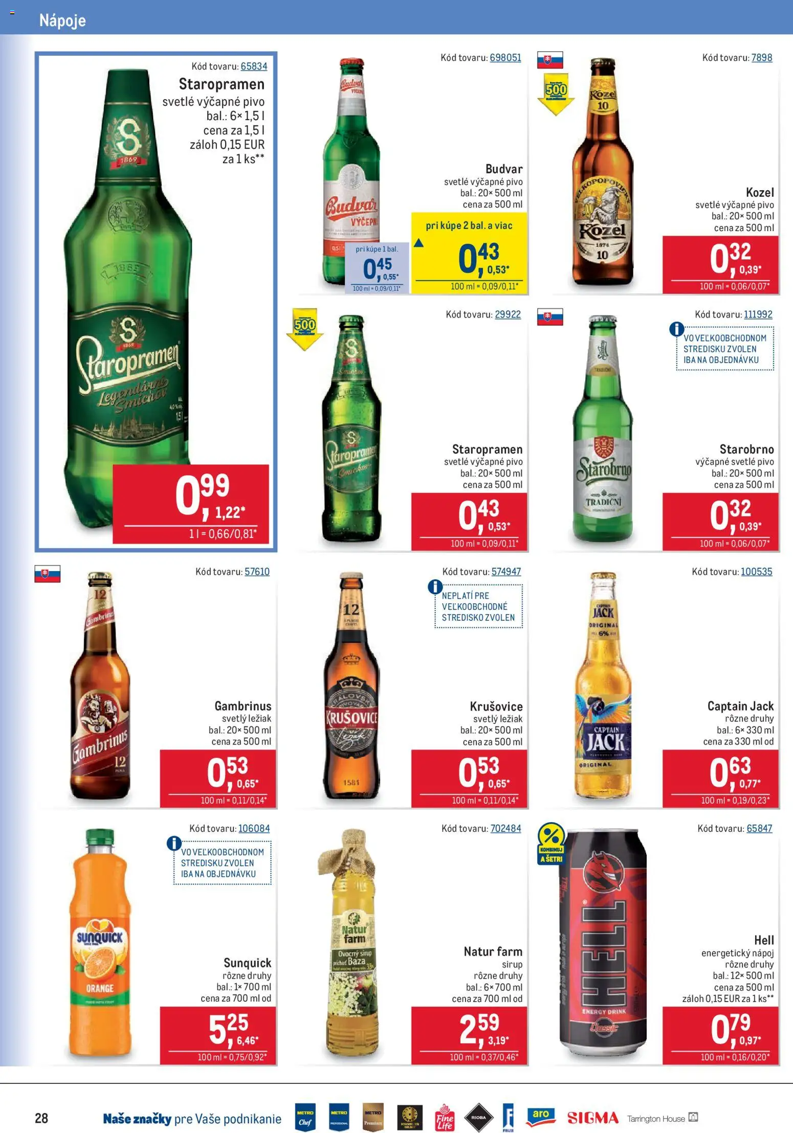 Nové Metro akcie – leták je platný od 21.10.2026 | Strana: 28 | Produkty: Sirup, Krušovice, Budvar, Energetický nápoj
