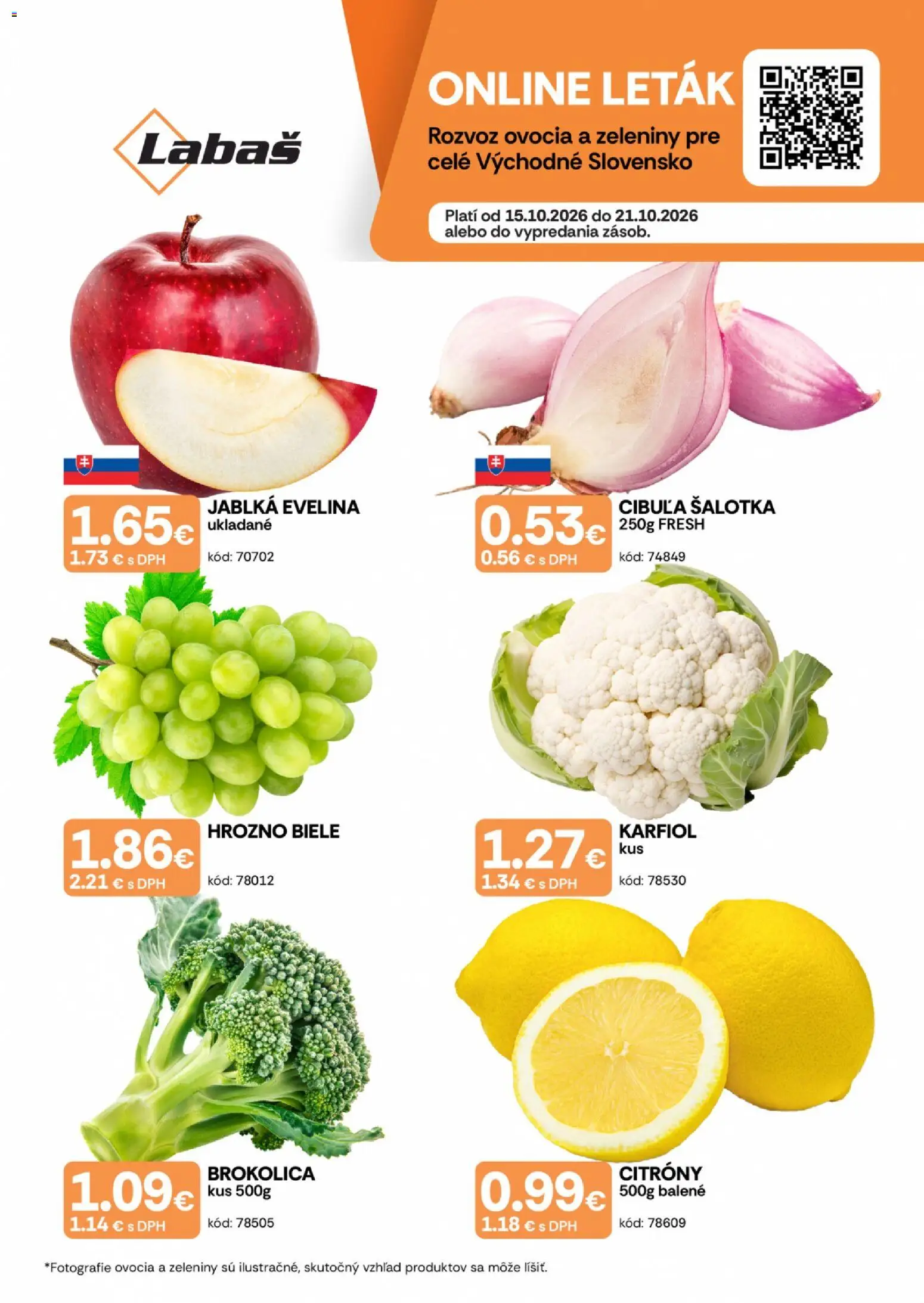 Nové Labaš akcie – leták je platný od 15.10.2026 | Strana: 1 | Produkty: Jablká, Karfiol, Brokolica, Cibuľa