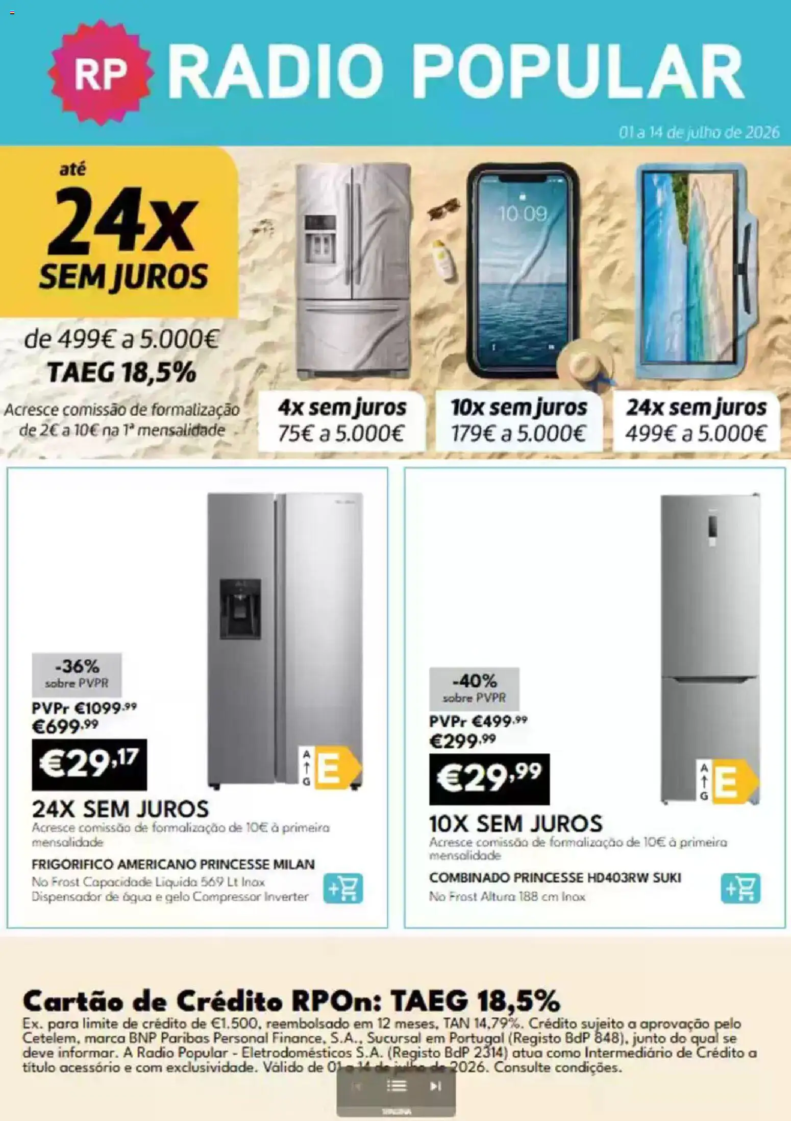 Radio Popular folheto 24x sem Juros │ válido de 01/07/2026 | Página: 1 | Produtos: Agua, Rádio, Frigorífico, Compressor