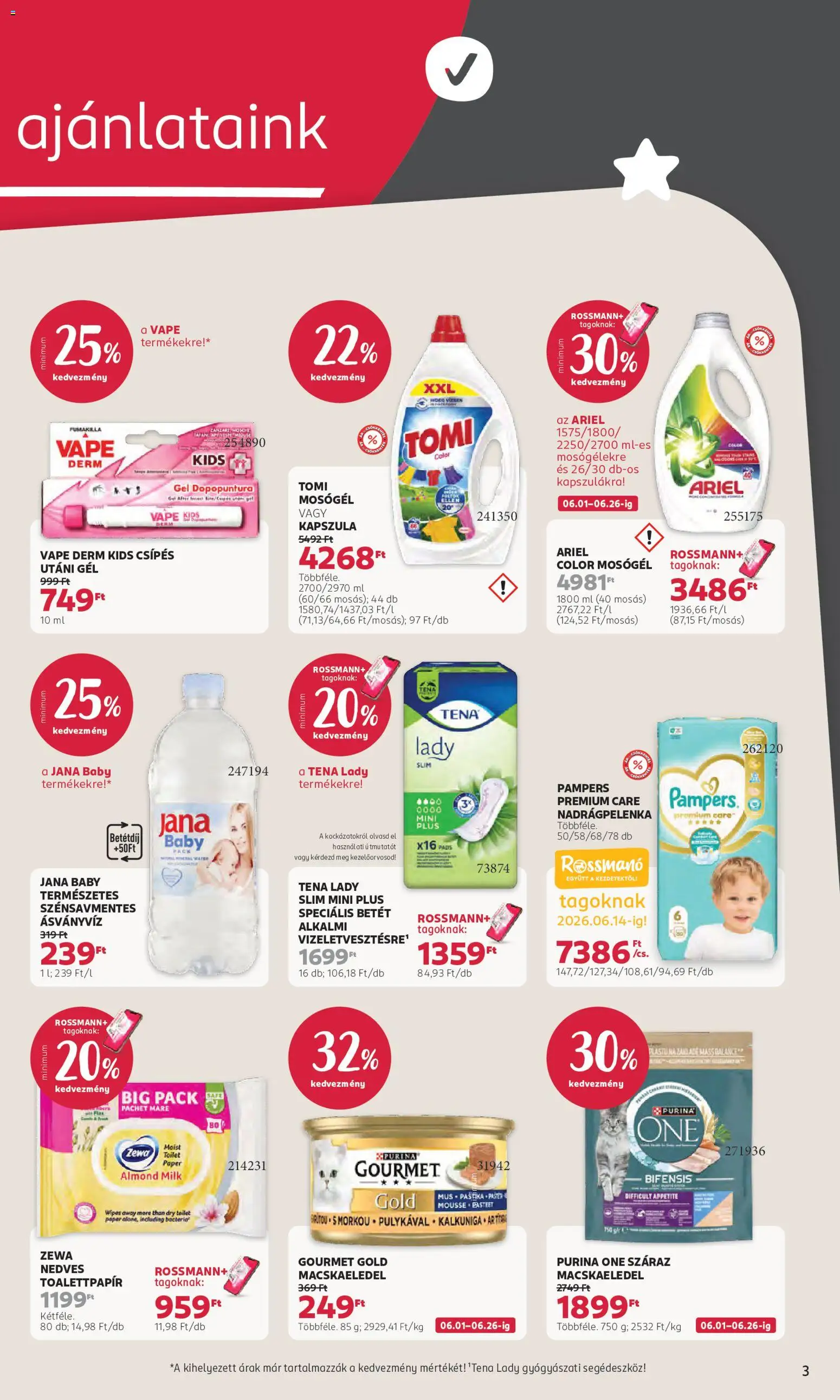 Rossmann akciós ujság - amely érvényes a következő dátumtól: 01.06.2026 | Oldal: 3 | Termékek: Ariel, Pampers, Macskaeledel, Ásványvíz