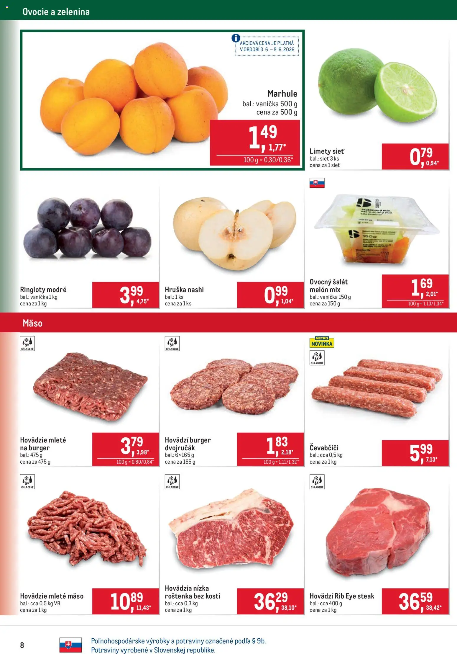 Nové Metro akcie – leták je platný od 03.06.2026 | Strana: 8 | Produkty: Šalát, Mleté mäso, Steak, Melón