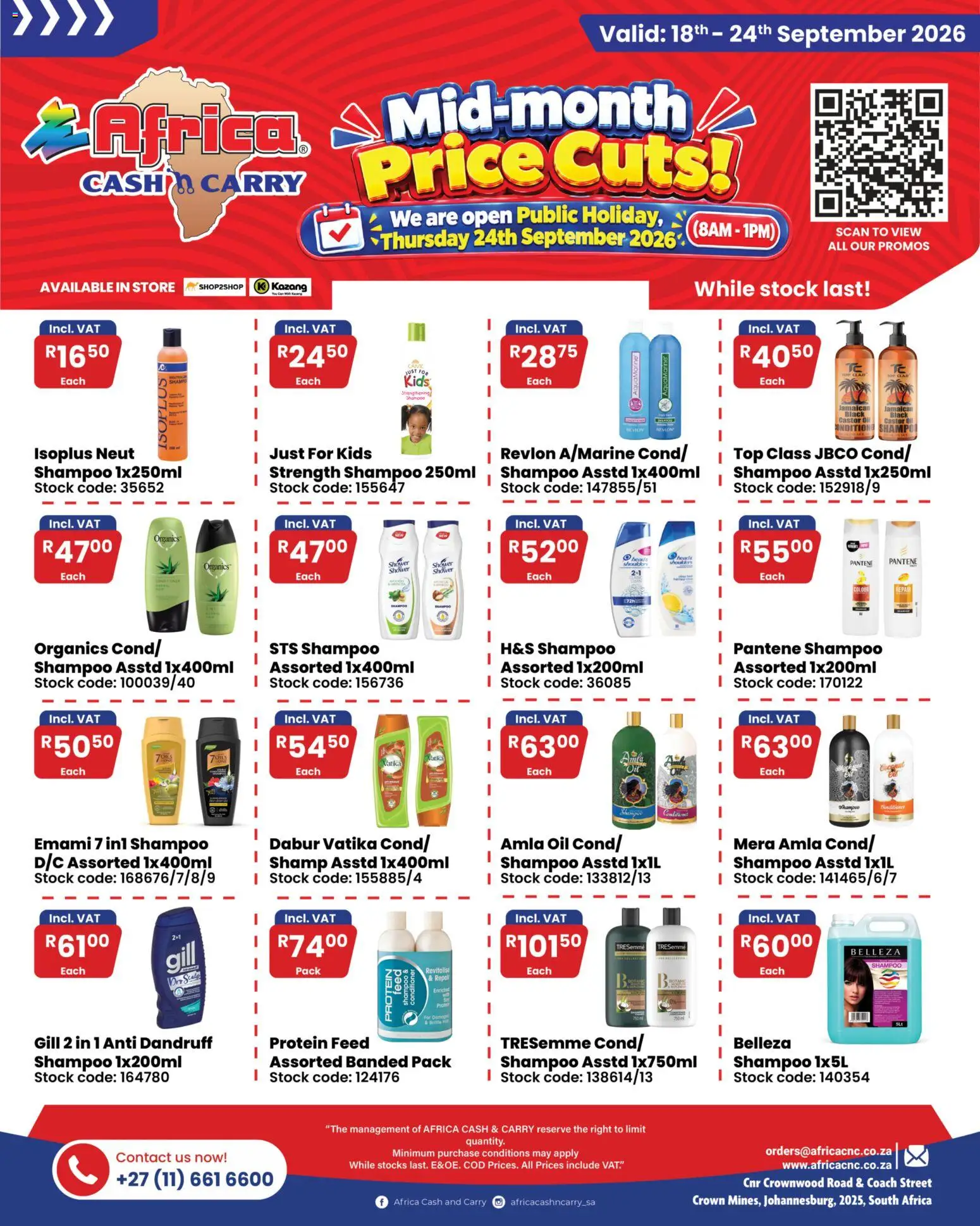New Africa Cash & Carry catalogue – valid from 18/09/2026 | Page: 1 | Products: Scale, Oil, Conditioner, Stock