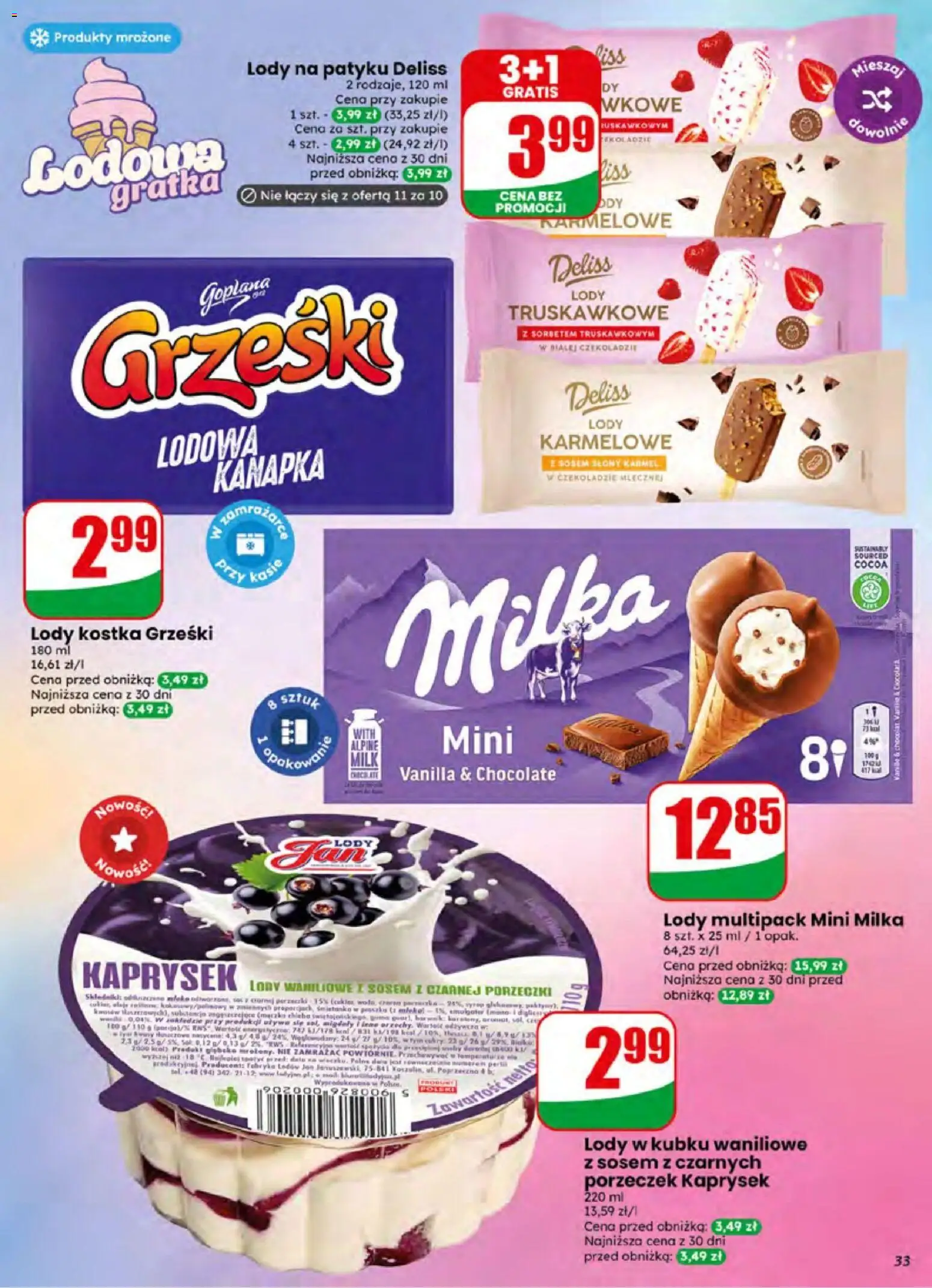 Dino gazetka od 01.07.2026 | Strona: 33 | Produkty: Milka, Lody na patyku, Mleko, Lody waniliowe