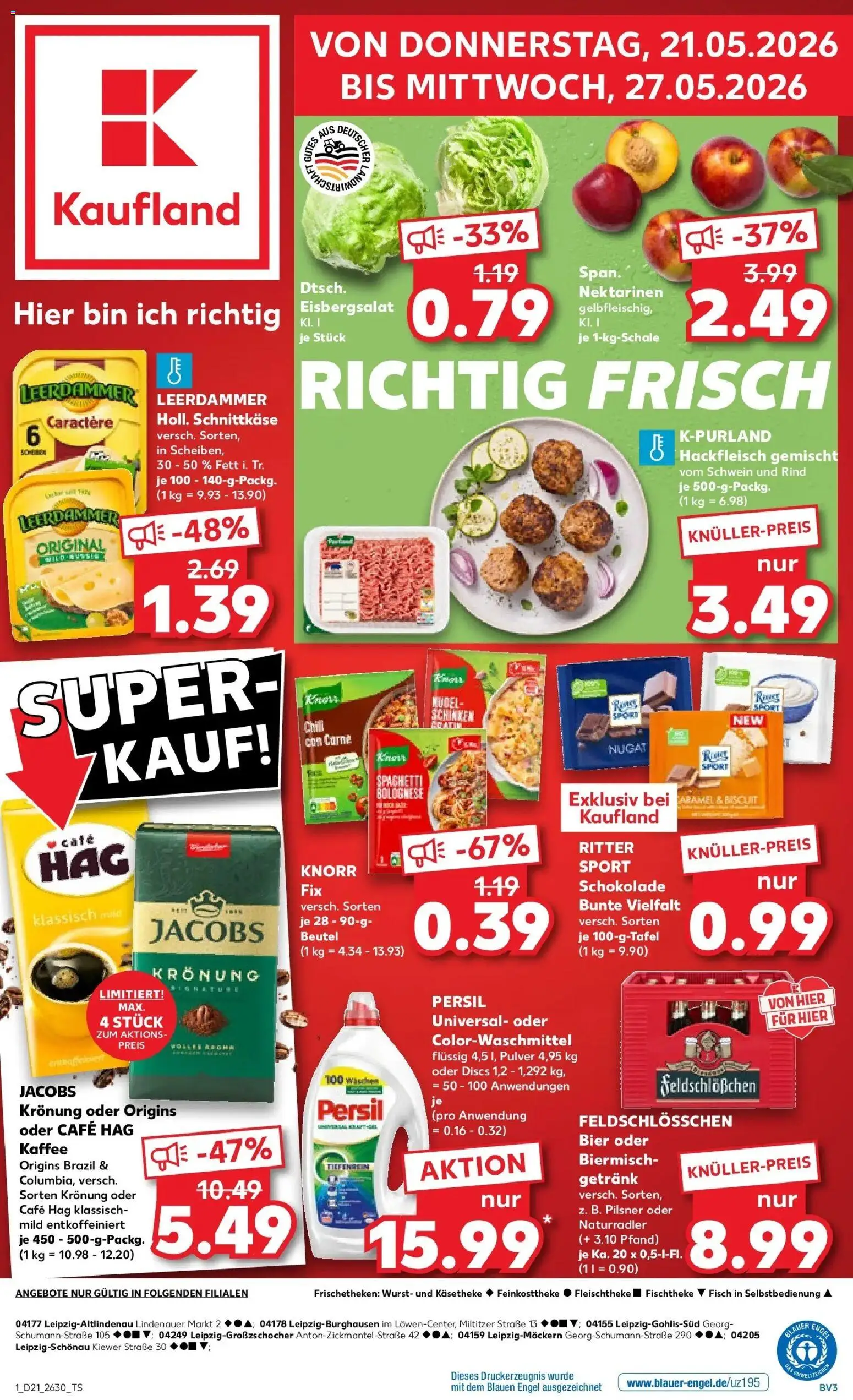 Kaufland Prospekt Leipzig – gültig ab 21.05.2026 | Seite: 1 | Produkte: Knorr fix, Leerdammer, Fisch, Hackfleisch