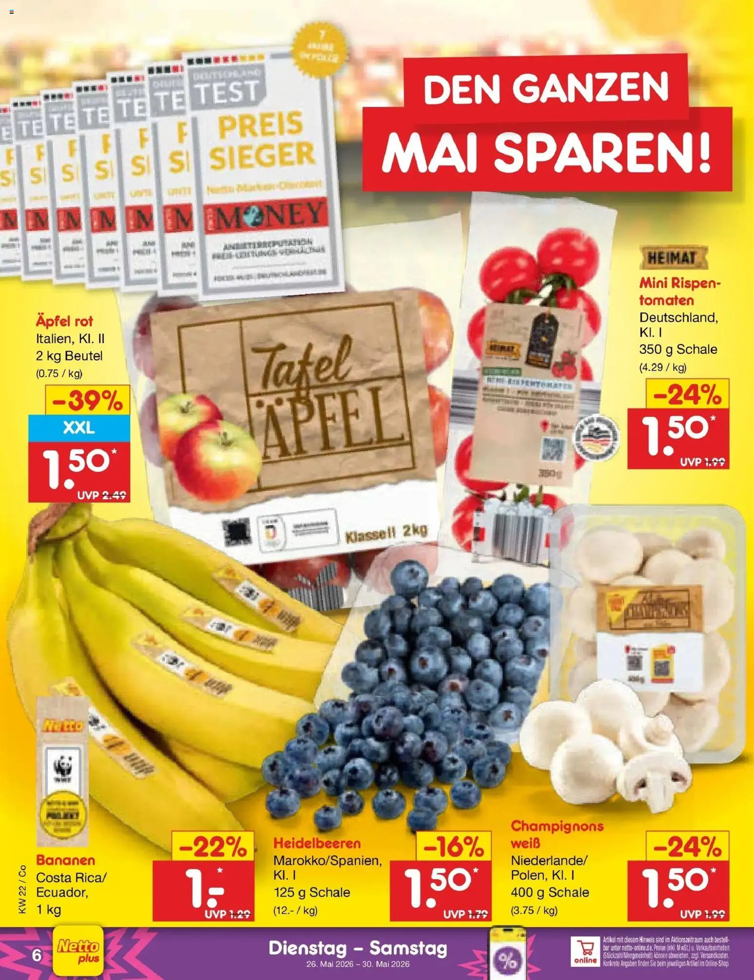 Netto Marken-Discount Prospekt Bitterfeld-Wolfen – gültig ab 26.05.2026 | Seite: 8 | Produkte: Bananen, Tomaten, Heidelbeeren, Champignons