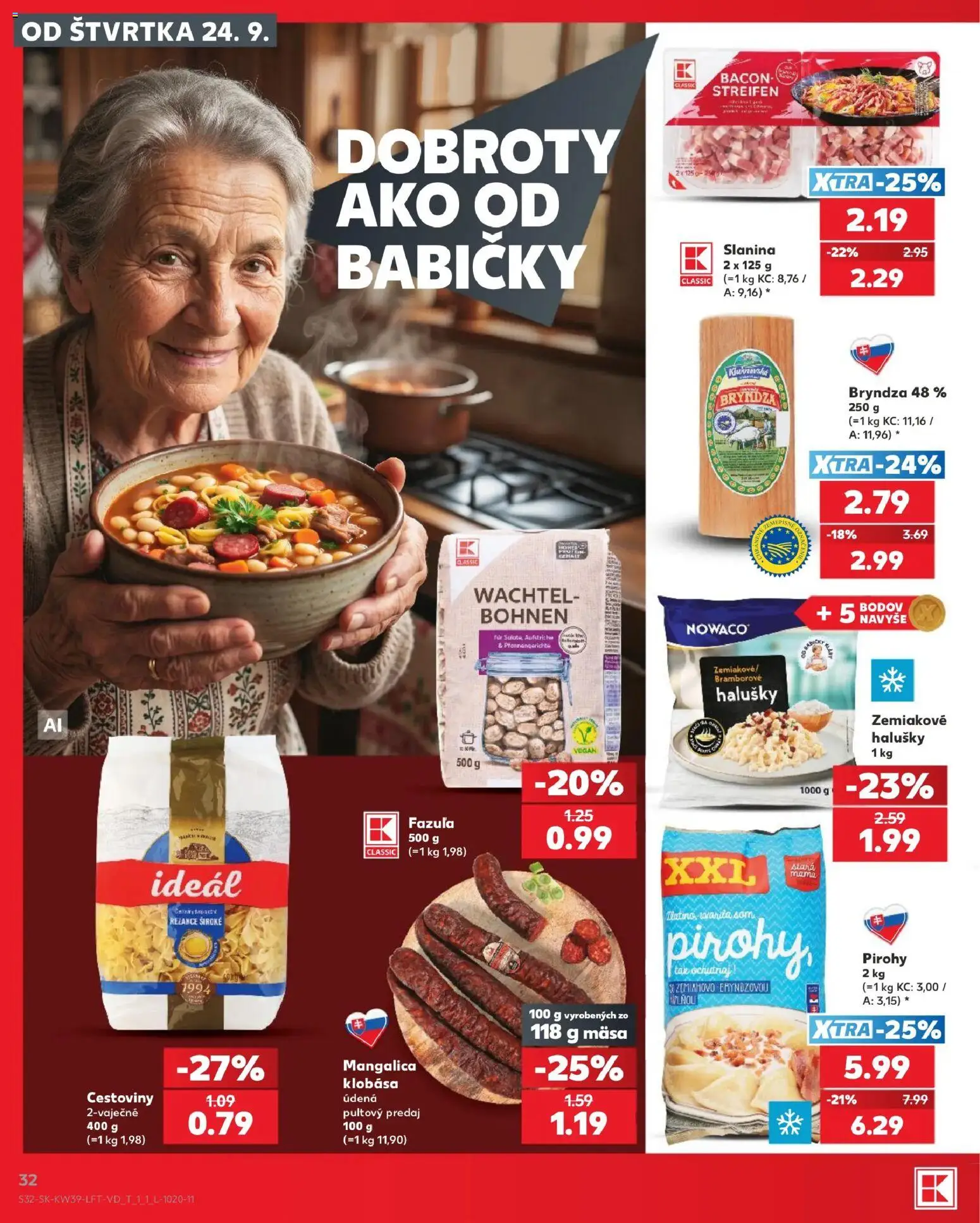 Nové Kaufland akcie – leták je platný od 24.09.2026 | Strana: 32 | Produkty: Pirohy, Klobása, Bryndza, Rezance