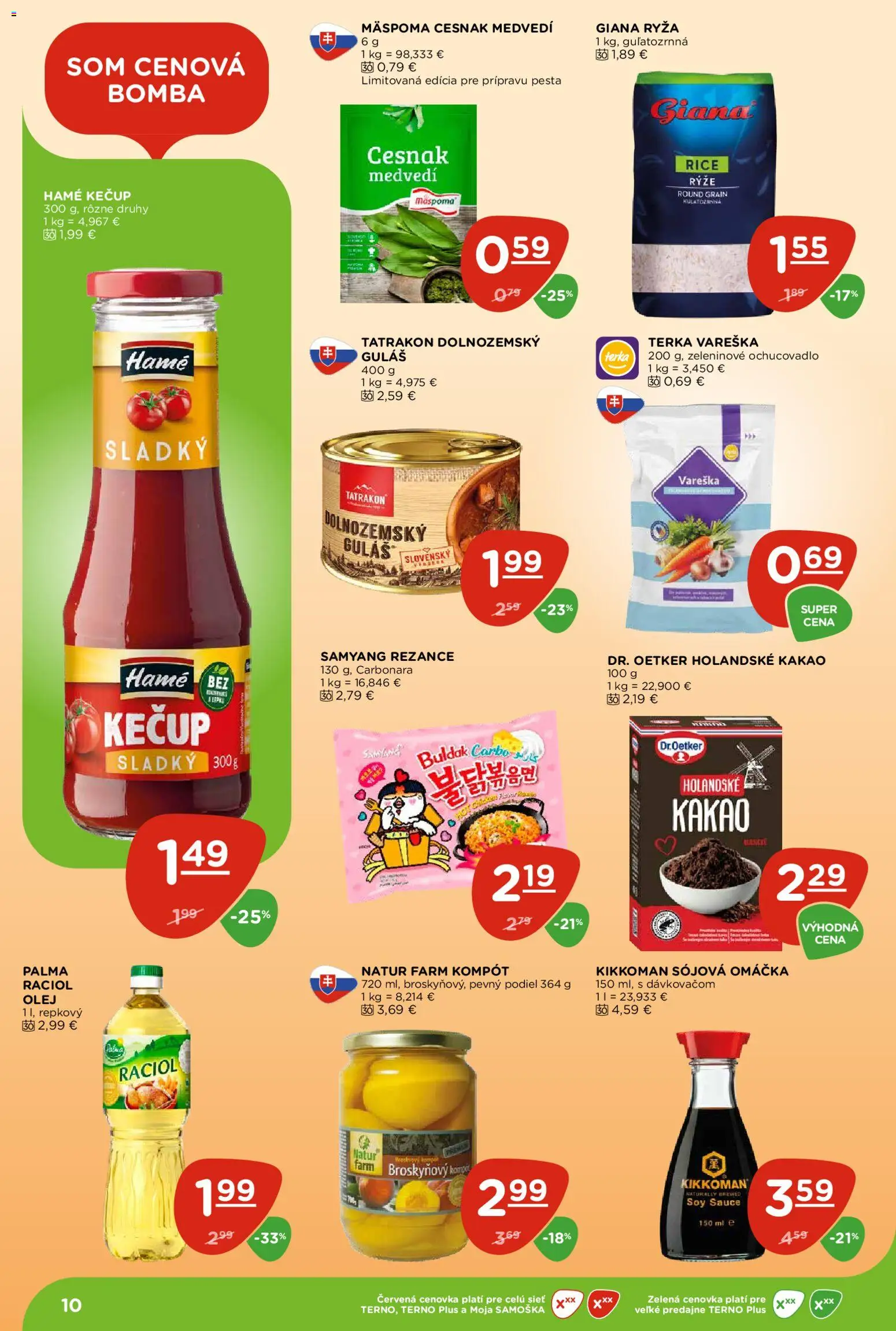 Nové Terno akcie – leták je platný od 23.04.2026 | Strana: 10 | Produkty: Cesnak, Rezance, Omáčka, Kakao