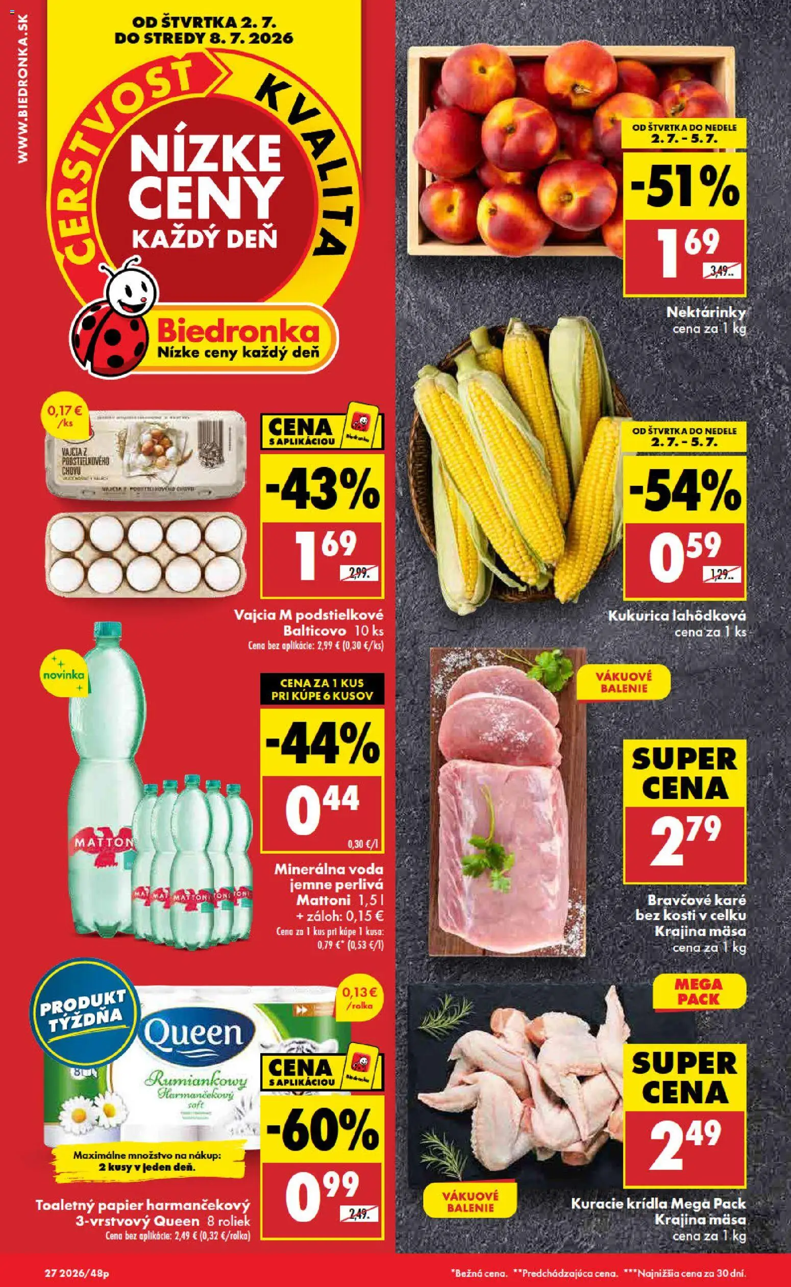 Nové Biedronka akcie – leták je platný od 02.07.2026 | Strana: 1 | Produkty: Mattoni, Voda, Kukurica, Bravčové karé
