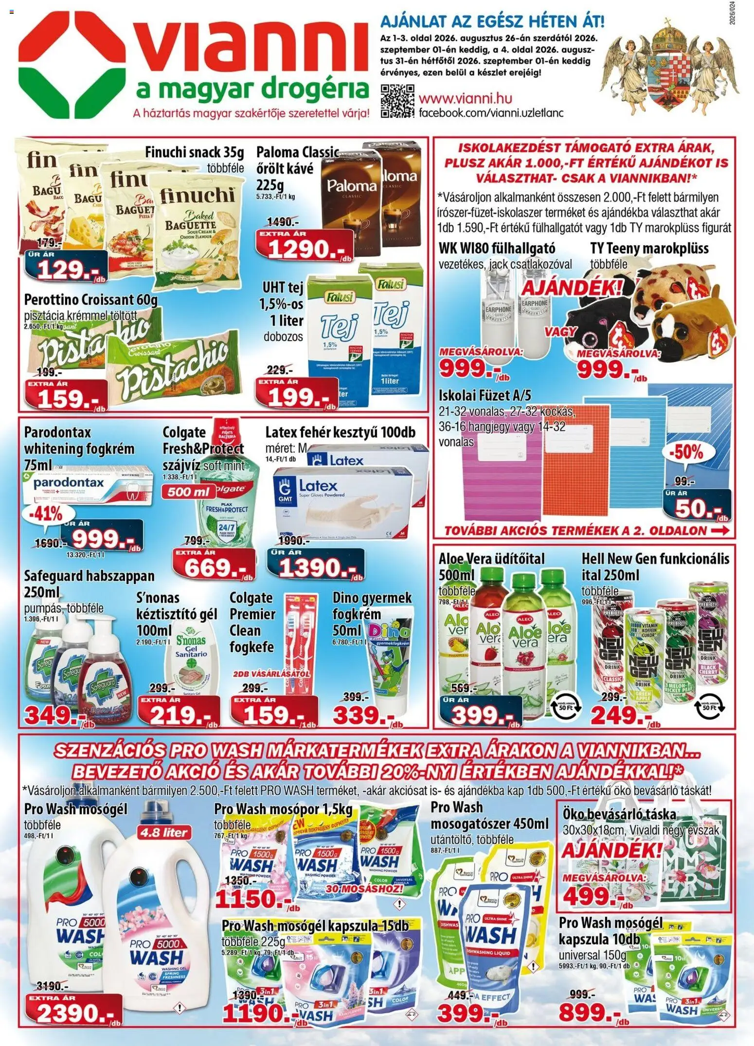 Vianni akciós ujság - amely érvényes a következő dátumtól: 2026.08.26. | Oldal: 1 | Termékek: Pisztácia, Aloe vera, Fogkrém, Baguette