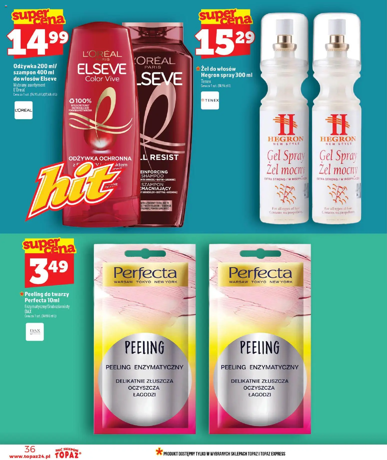 Topaz gazetka od 16.07.2026 | Strona: 36 | Produkty: Peeling enzymatyczny, Peeling do twarzy, Szampon, Odżywka