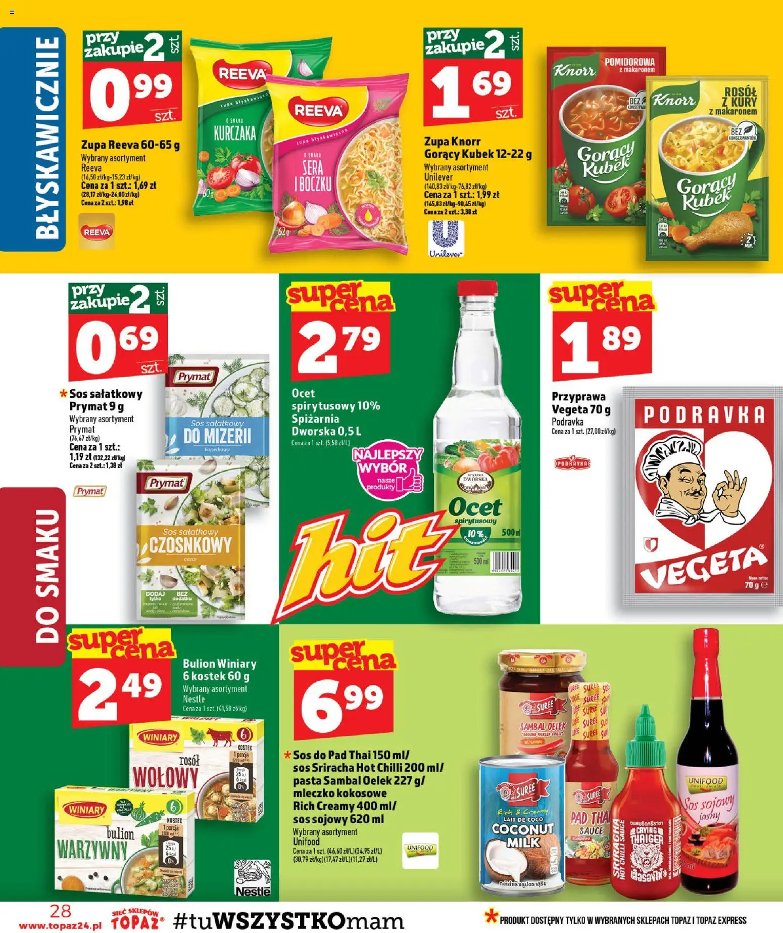 Topaz gazetka od 23.07.2026 | Strona: 28 | Produkty: Ocet spirytusowy, Bulion, Sos sriracha, Sos