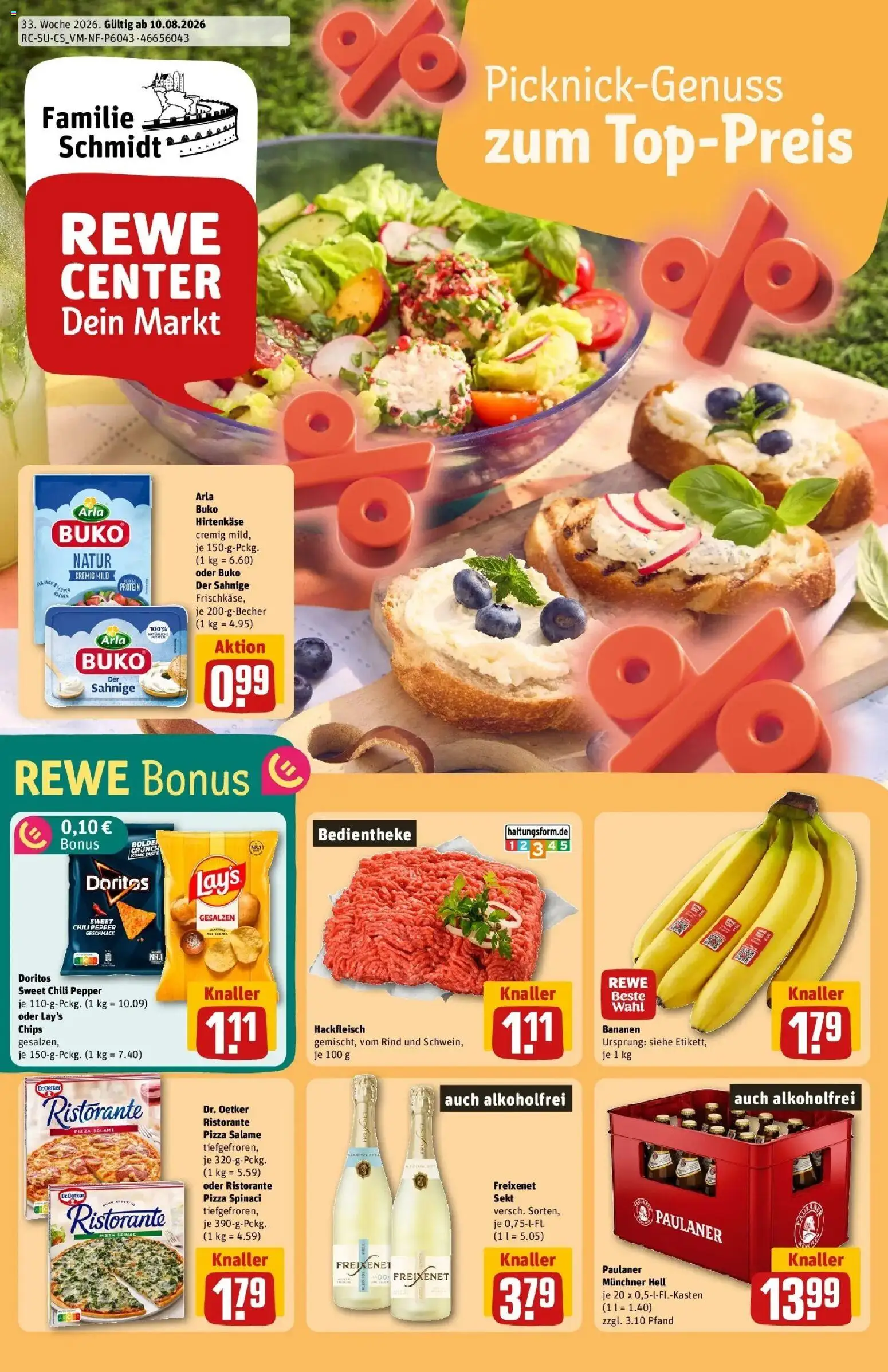 REWE Prospekt ab 10.08.2026 zum Blättern » Angebote | Seite: 1 | Produkte: Sekt, Bananen, Arla buko, Pizza