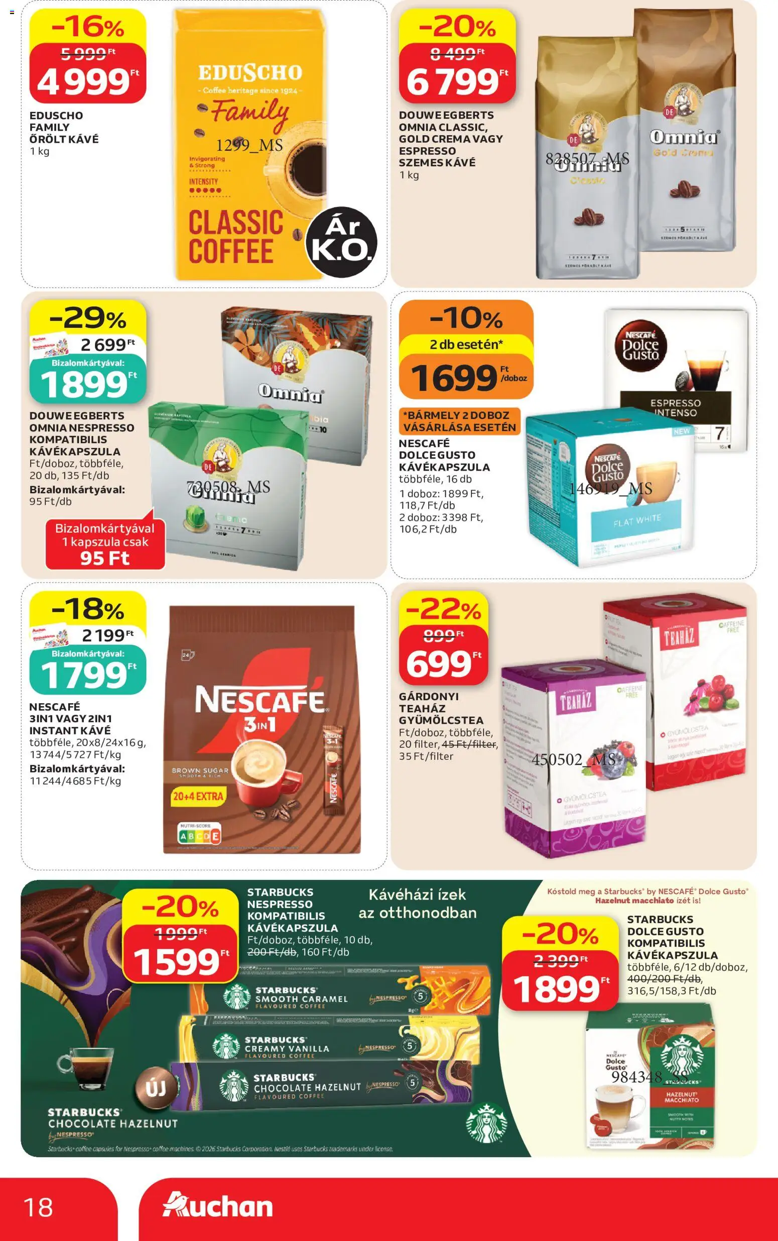 Auchan akciós ujság - amely érvényes a következő dátumtól: 2026.08.06. | Oldal: 18 | Termékek: Dolce Gusto, Nescafé, Tea, Őrölt kávé