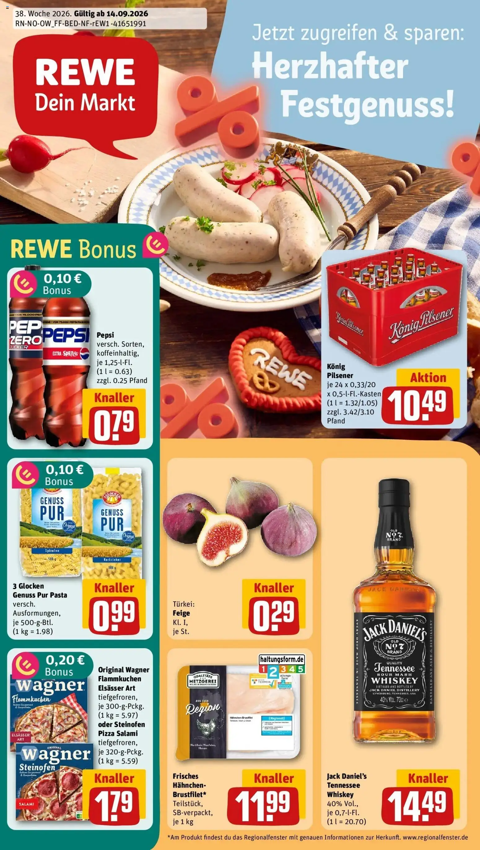 REWE Prospekt ab 14.09.2026 zum Blättern » Angebote | Seite: 1 | Produkte: Hahnchen, Konig pilsener, Pepsi, Salami