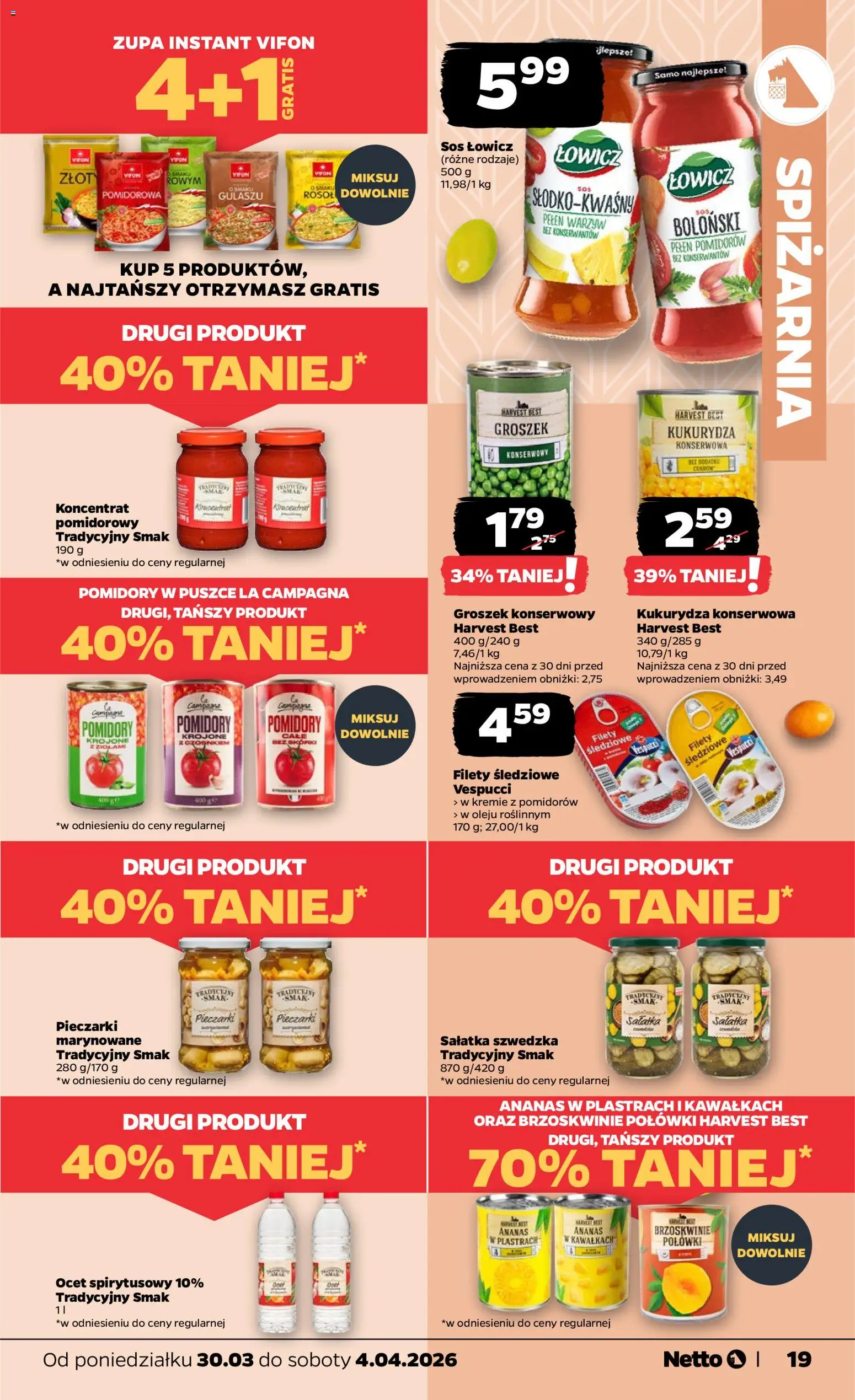 Netto gazetka od poniedziałku spożywcza od 30.03.2026 | Strona: 19 | Produkty: Ocet, Pieczarki, Vifon, Brzoskwinie
