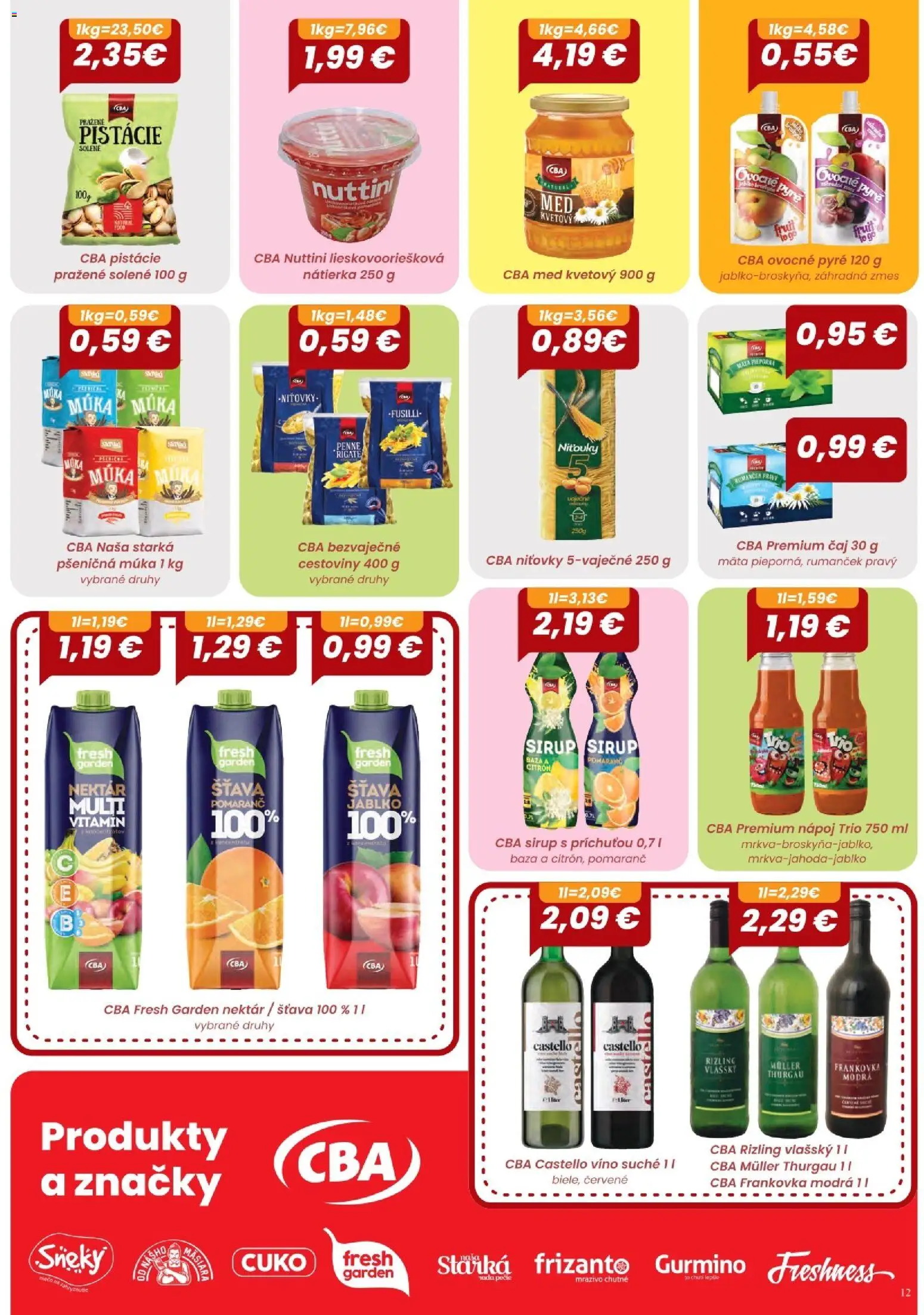 Nové CBA Komfos akcie – leták je platný od 03.09.2026 | Strana: 12 | Produkty: Cestoviny, Nátierka, Med, Pistácie