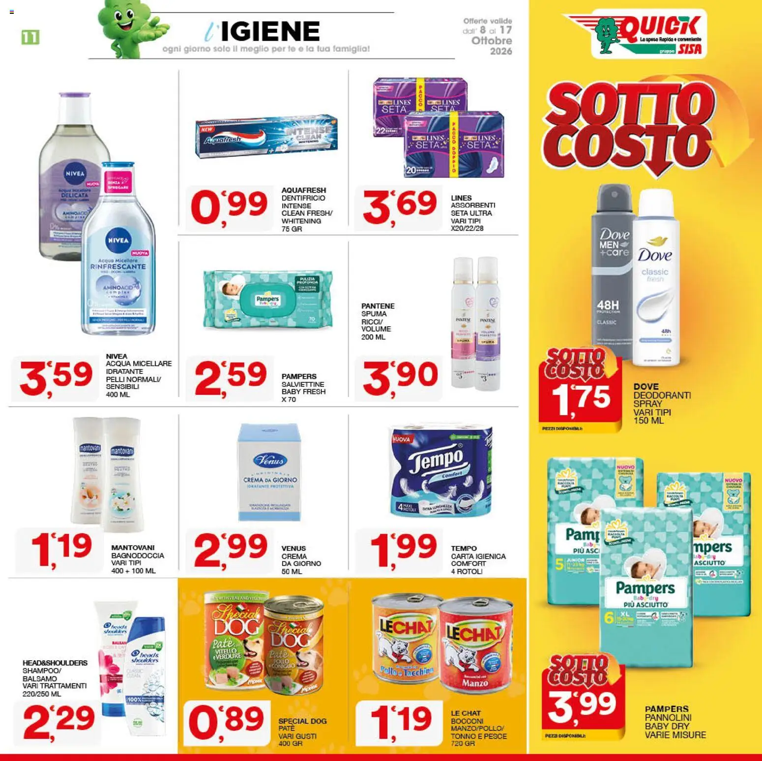 Volantino SISA del 08/10/2026 | Pagina: 11 | Prodotti: Pannolini, Tè, Acqua, Vitello
