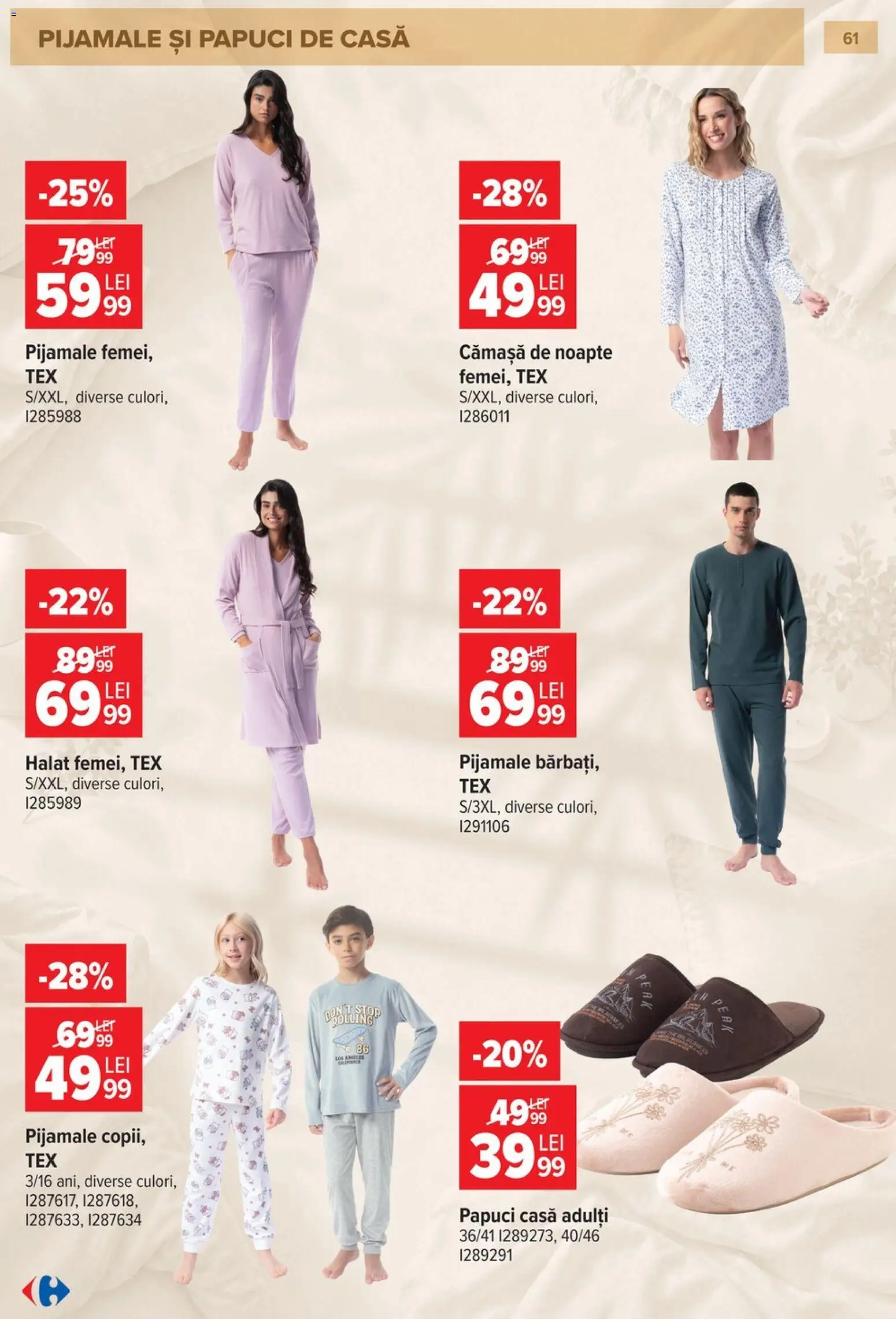 Noul catalog Carrefour – valabil de la 23.09.2026 | Pagină: 62 | Produse: Papuci de casă, Pijamale, Papuci, Tex