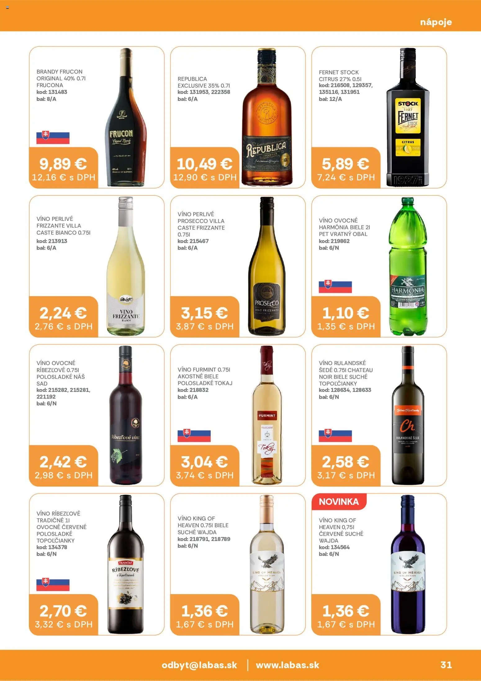 Nové Labaš akcie – leták je platný od 03.07.2026 | Strana: 31 | Produkty: Víno, Prosecco, Ríbezľové víno, Fernet Stock