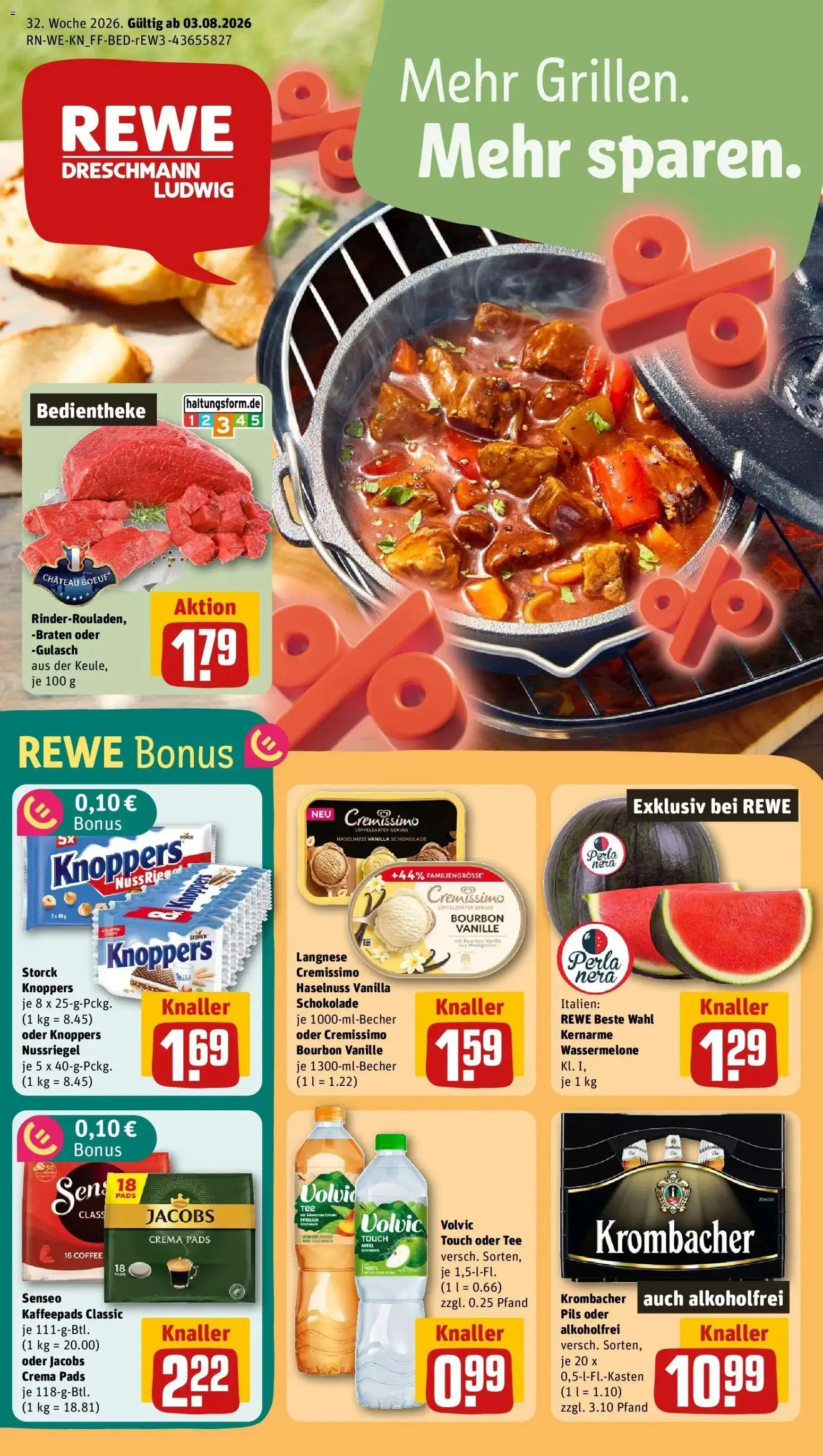 REWE Prospekt ab 03.08.2026 zum Blättern » Angebote | Seite: 1 | Produkte: Senseo, Langnese, Vanille, Krombacher