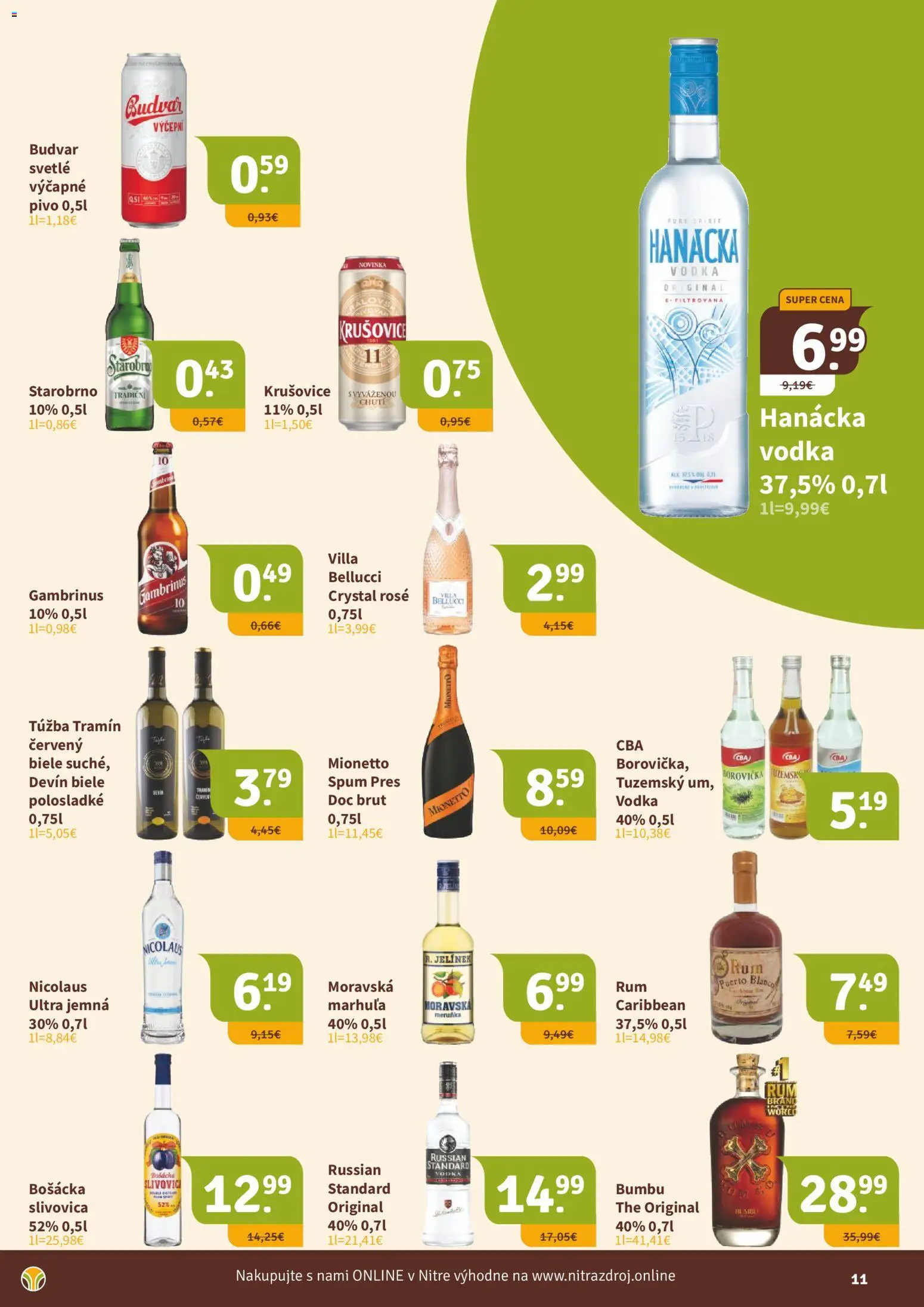 Nové Nitrazdroj akcie – leták je platný od 21.08.2026 | Strana: 11 | Produkty: Russian Standard, Krušovice, Slivovica, Vodka