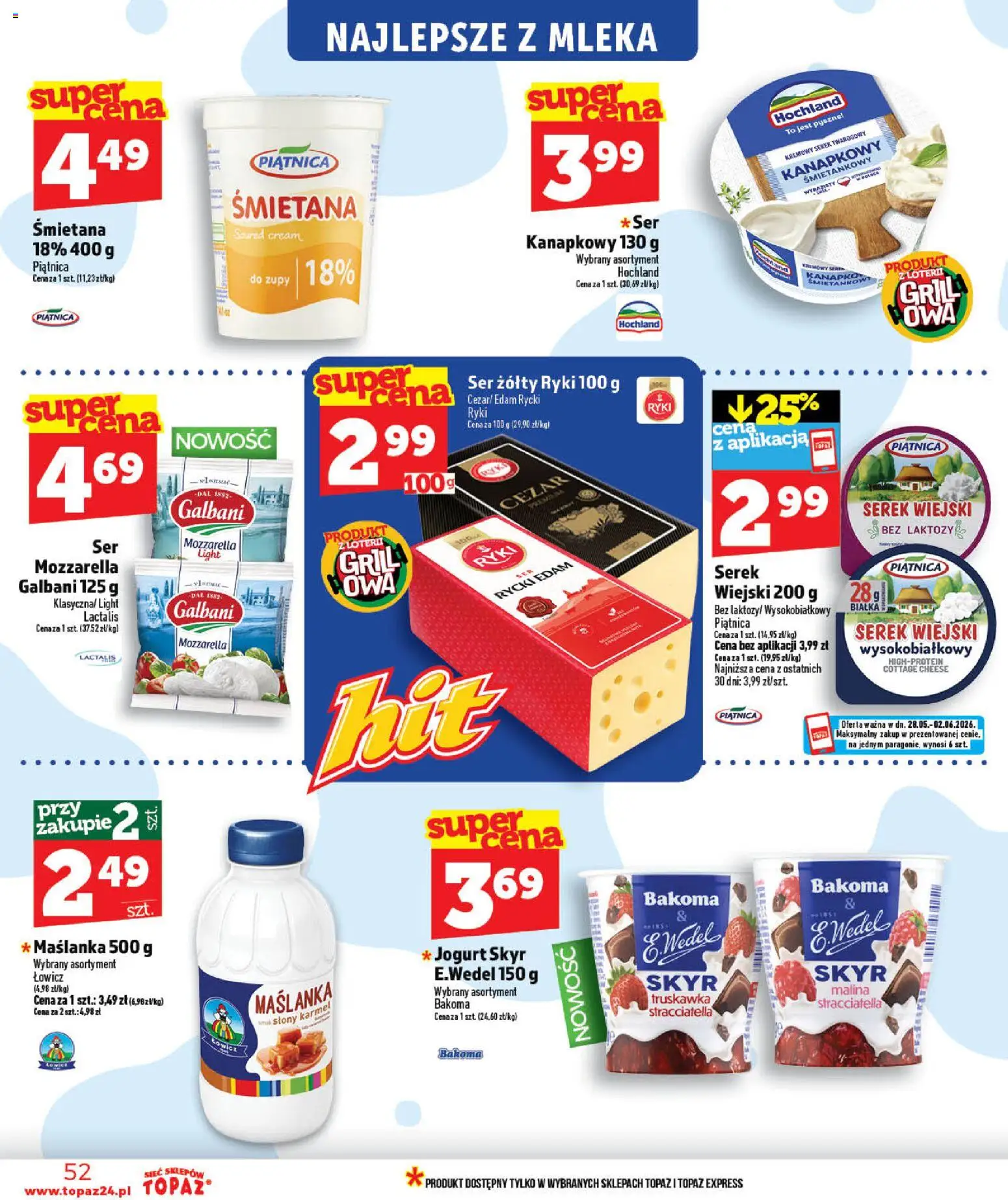 Topaz gazetka - MAZ od 28.05.2026 | Strona: 52 | Produkty: Maślanka, Ser, Jogurt, Mozzarella