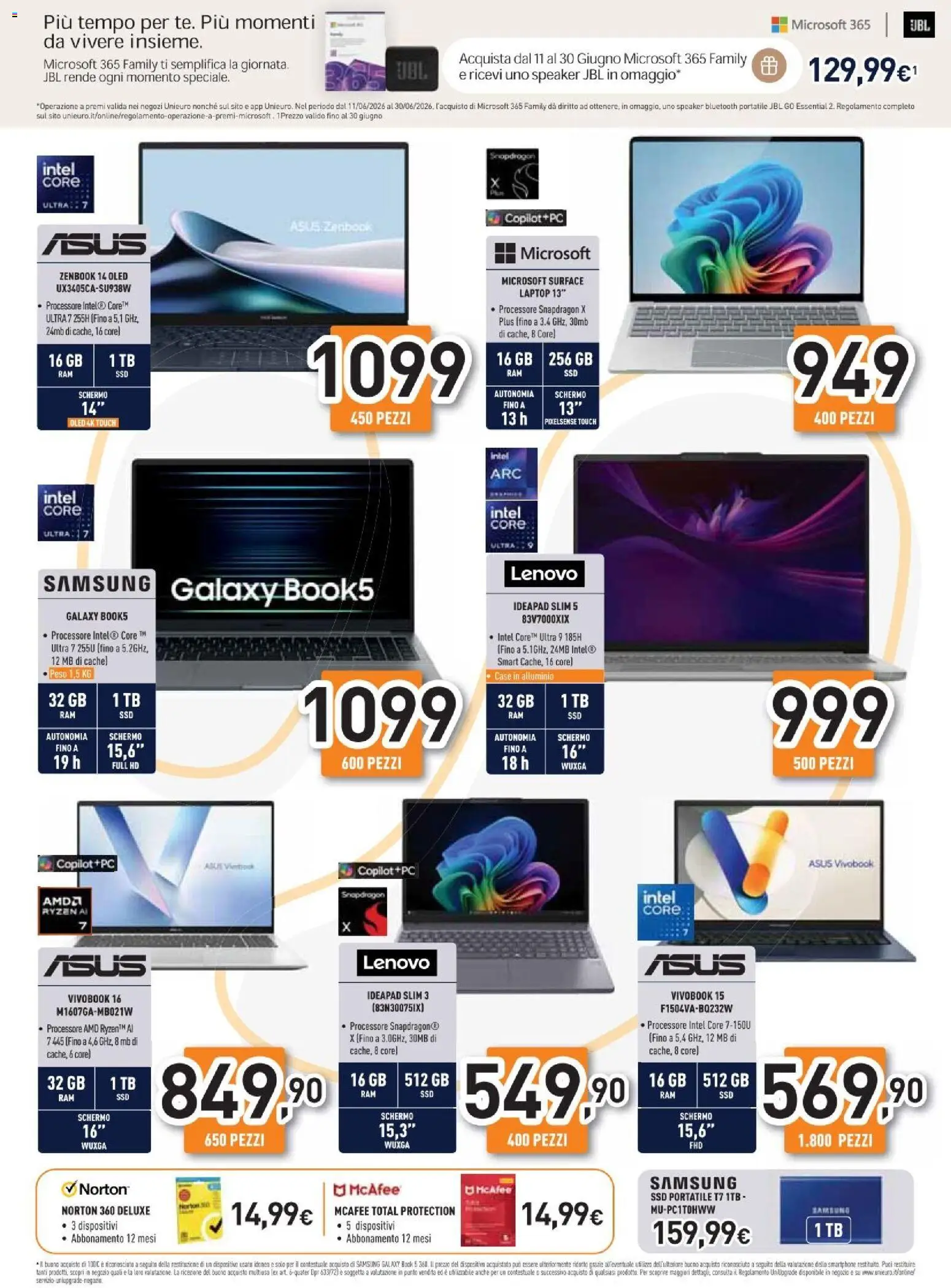 Volantino Unieuro del 26/06/2026 | Pagina: 12 | Prodotti: Schermo, Laptop, Alluminio, Samsung