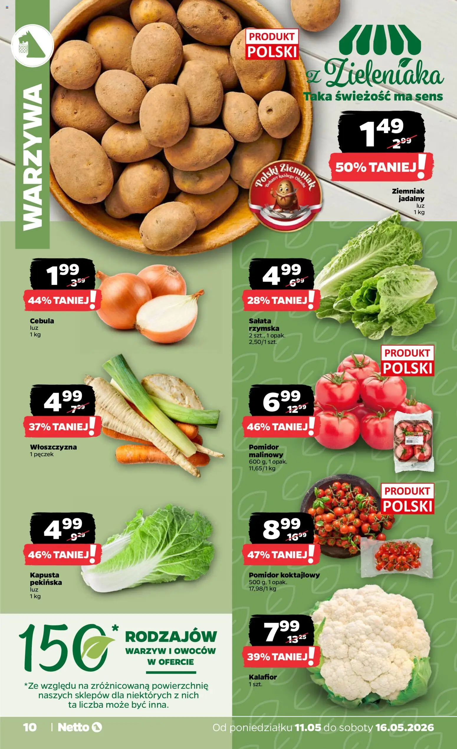 Netto gazetka od poniedziałku spożywcza od 11.05.2026 | Strona: 10 | Produkty: Kapusta, Kalafior, Warzywa