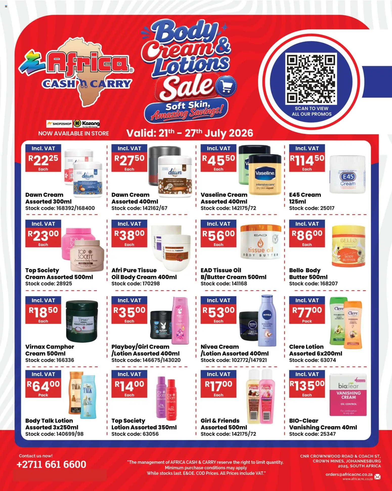 New Africa Cash & Carry catalogue – valid from 21/07/2026 | Page: 1 | Products: Body butter, Cream, Body cream, Stock