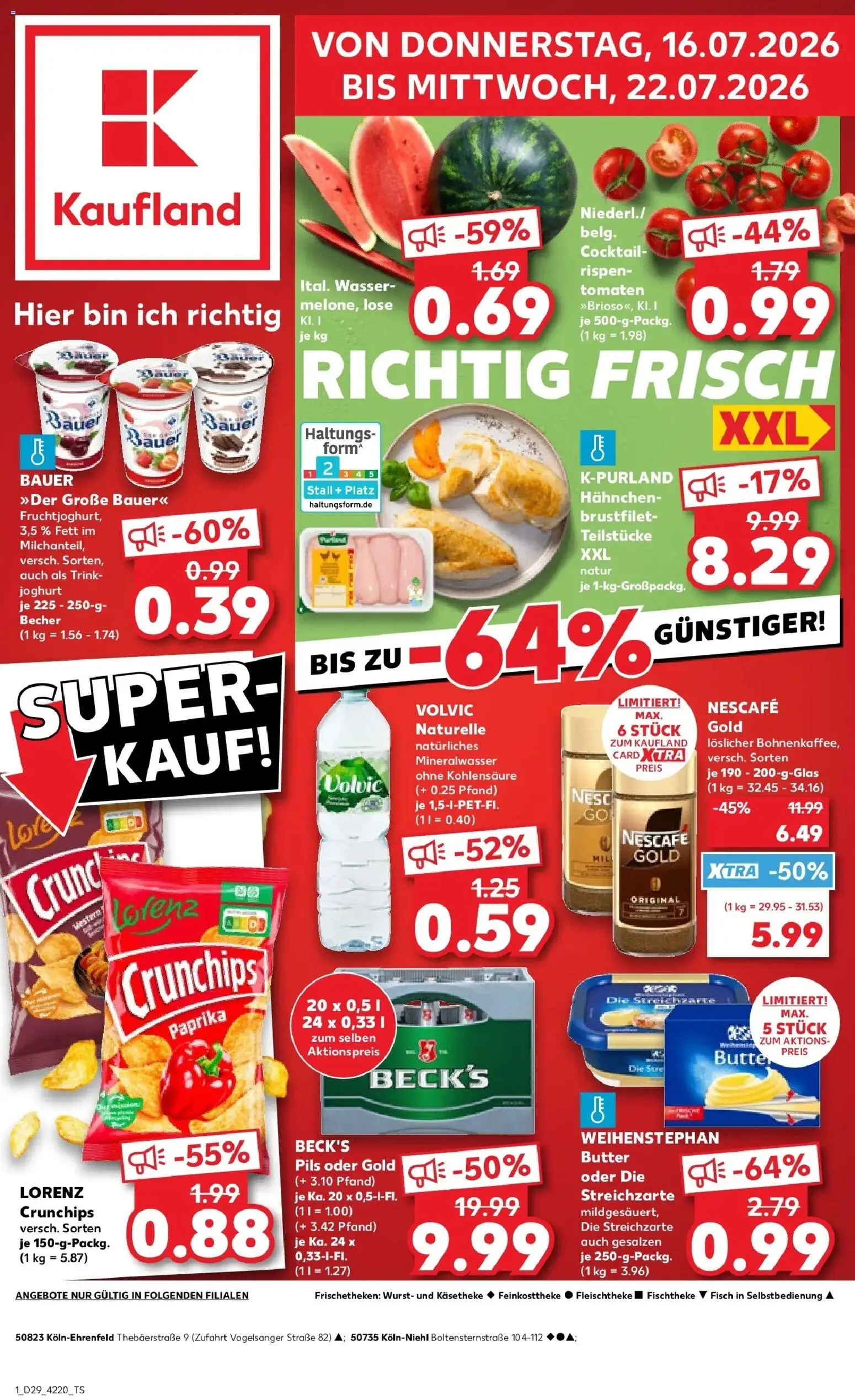 Kaufland Prospekt Köln – gültig ab 16.07.2026 | Seite: 1 | Produkte: Tomaten, Mineralwasser, Wasser, Wurst