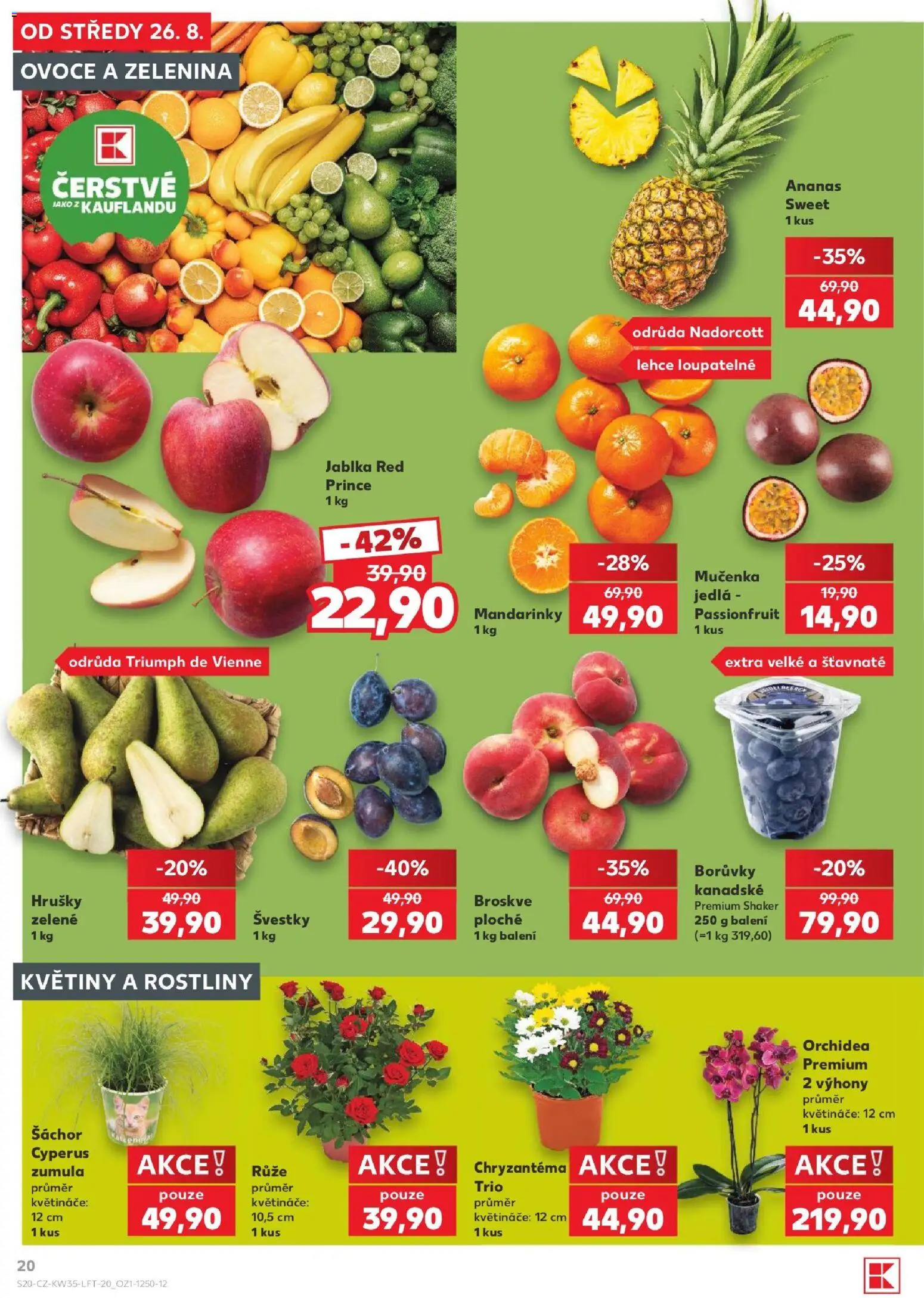 Kaufland leták - Plzeň Bory od 26.08.2026 | Strana: 20 | Produkty: Květináče, Ananas, Borůvky, Broskve