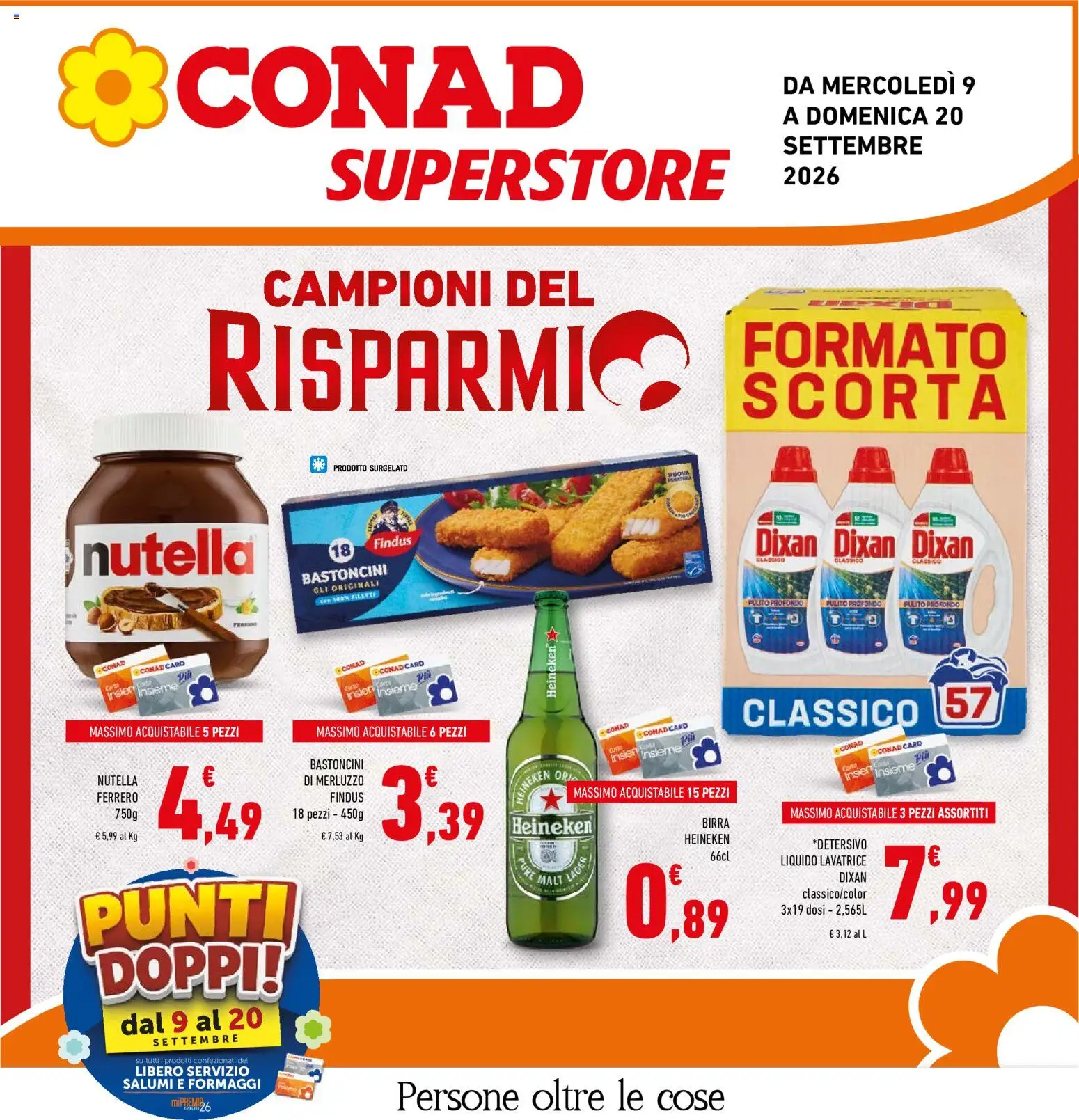 Volantino Conad del 09/09/2026 | Pagina: 1 | Prodotti: Merluzzo, Nocciole, Lavatrice, Heineken