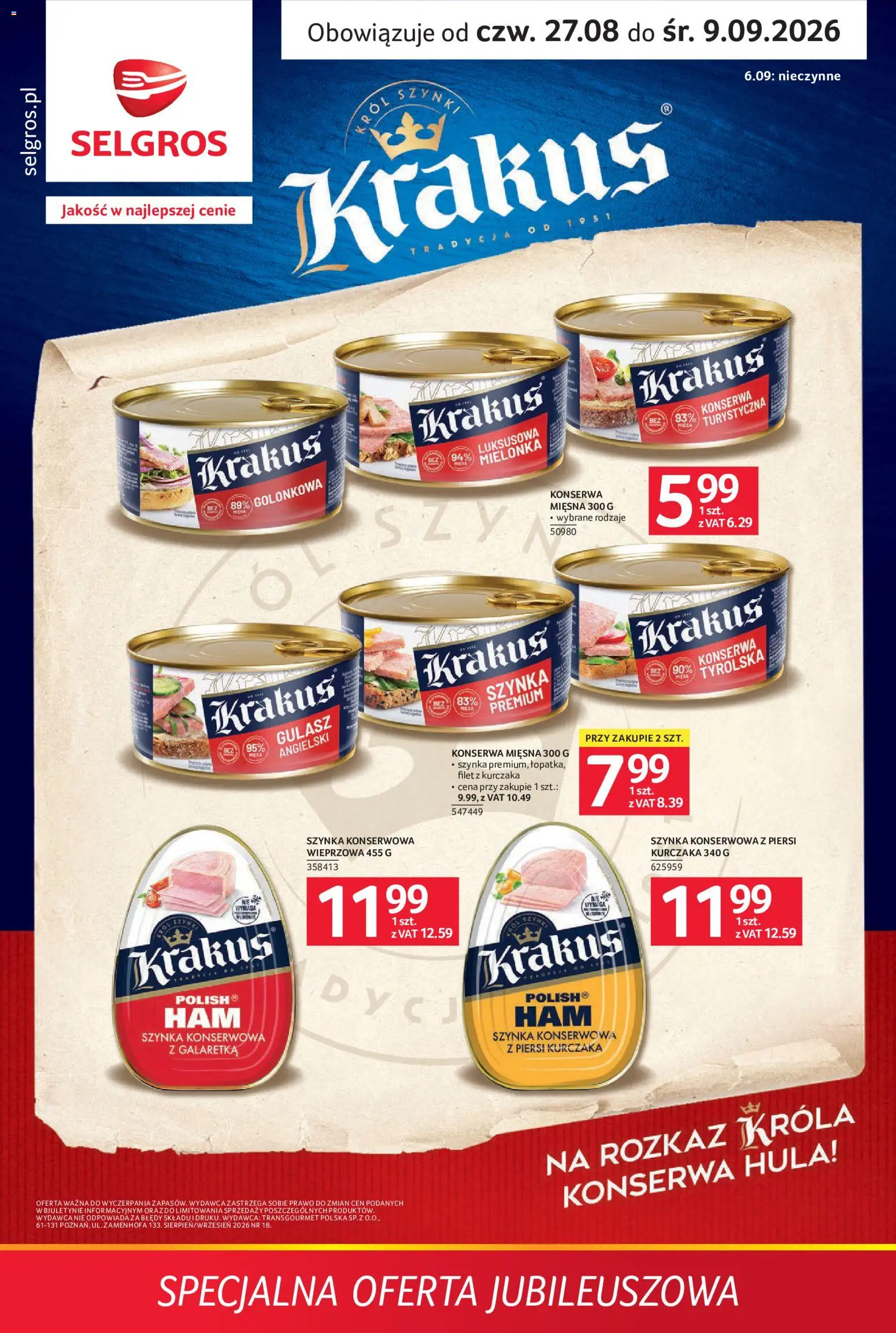 Selgros cash&carry gazetka - Specjalna oferta jubileuszowa od 27.08.2026 | Strona: 1 | Produkty: Galaretka, Piersi, Szynka konserwowa, Filet